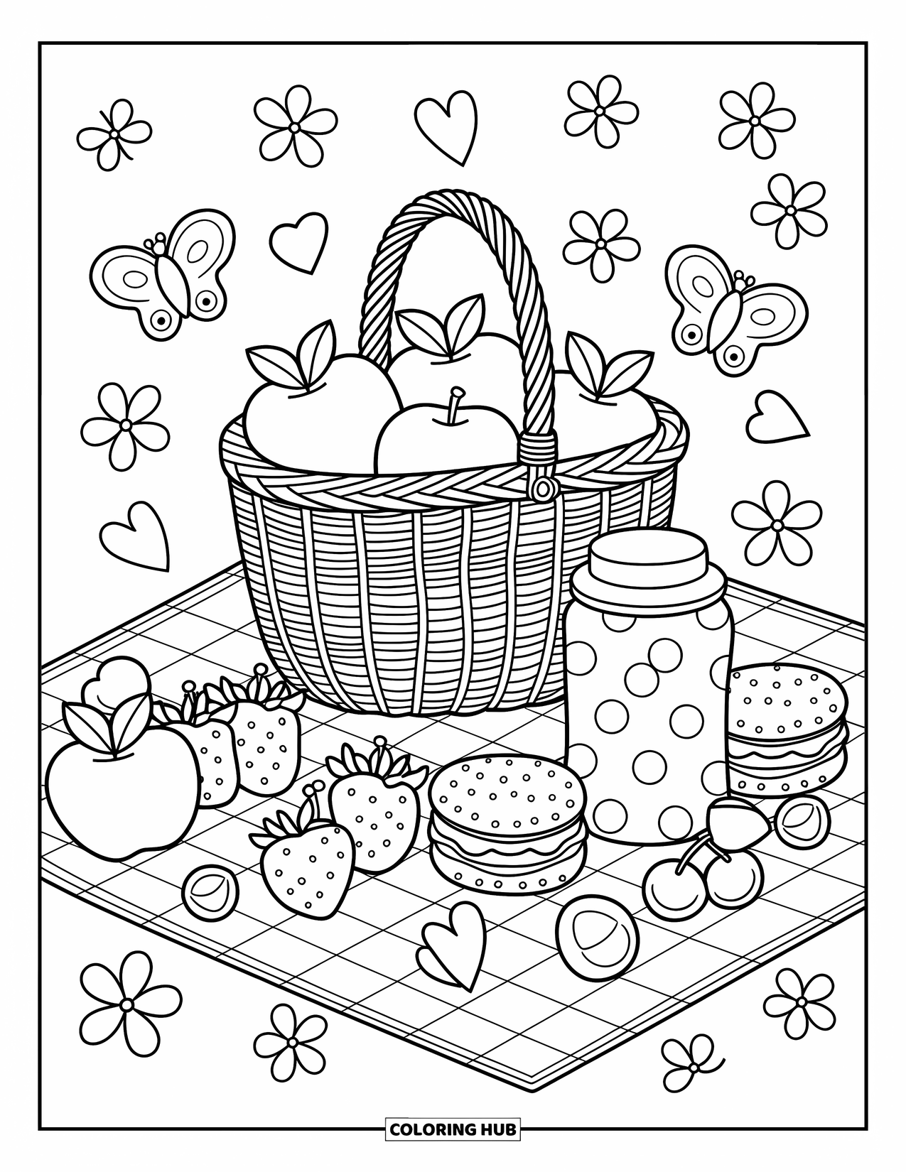 Red Coloring Page for Adults: Cute fruits and snacks sit in a basket on a picnic cloth with clover and petals