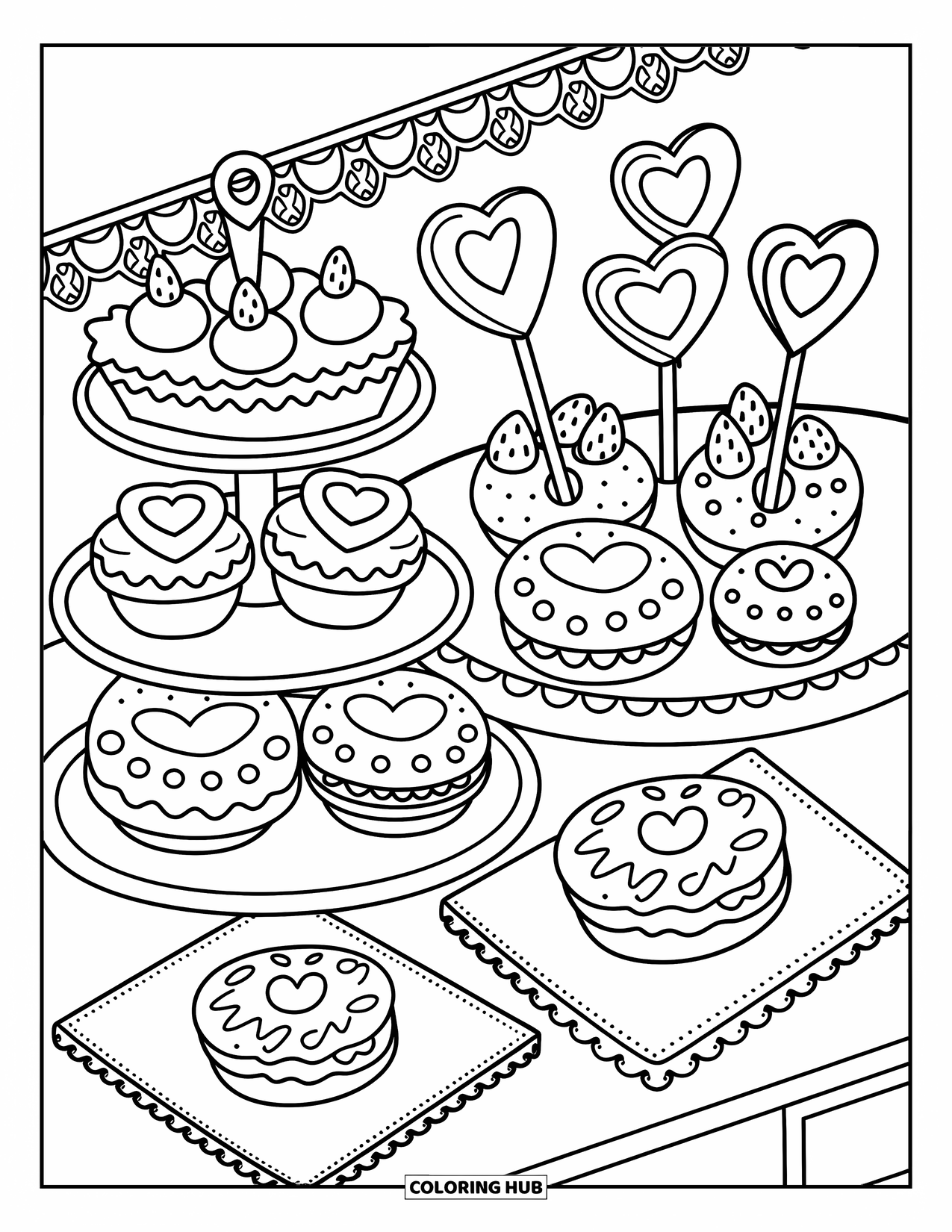Red Coloring Page for Adults: Heart-shaped desserts fill trays with macarons, donuts, pies, and lollipops