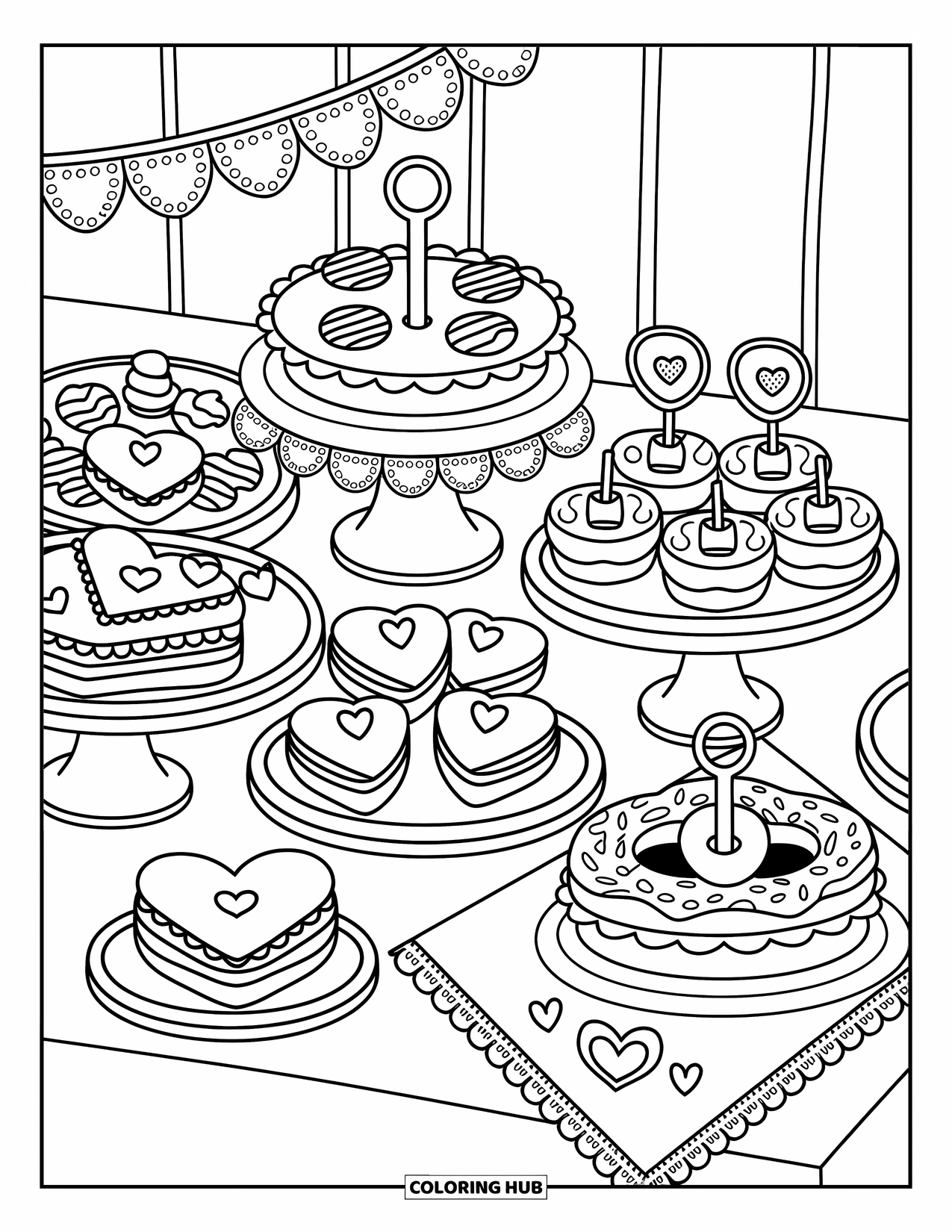 Red Coloring Page for Adults: Macarons, jelly molds, and mini pies sit on cute trays in a cozy dessert setup