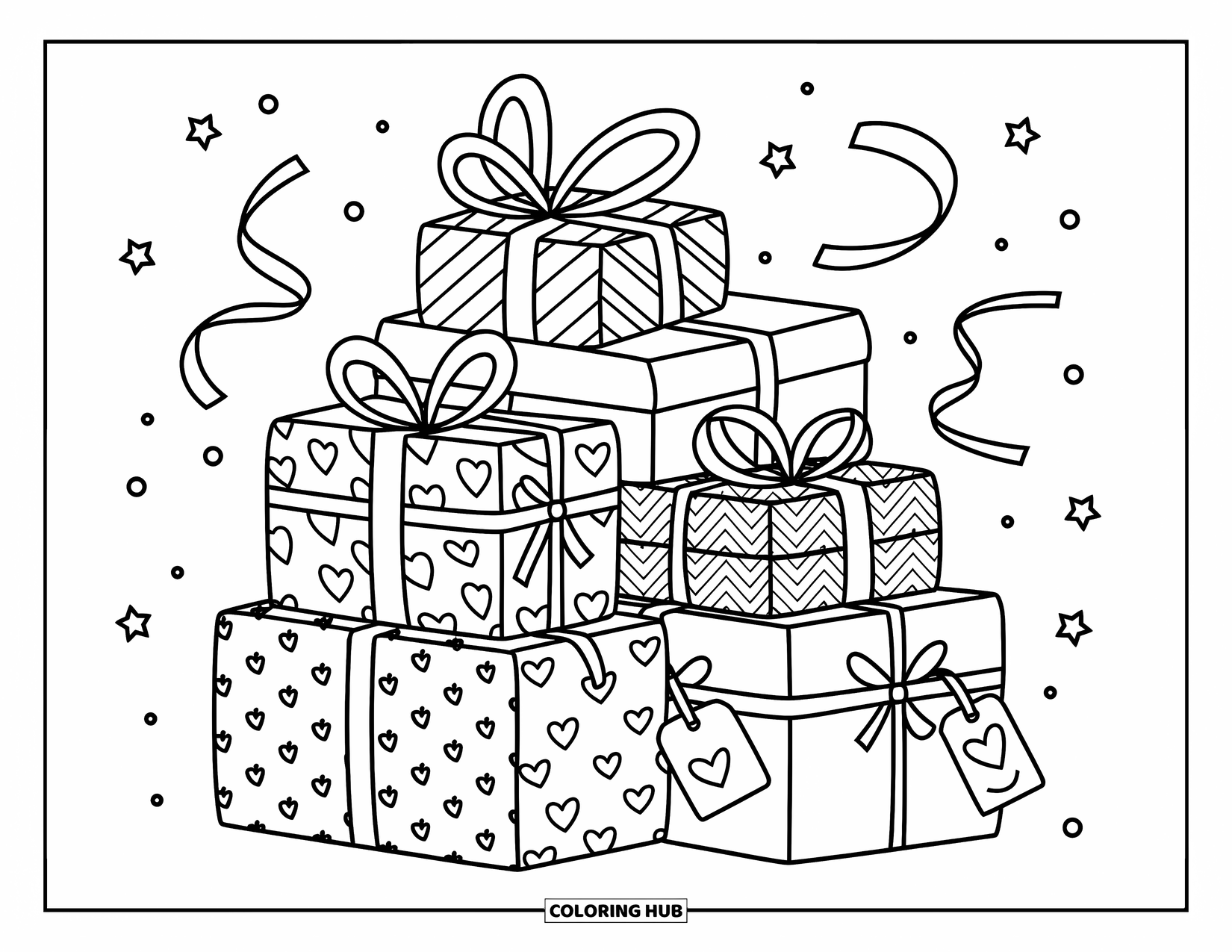 Red Coloring Page for Adults: Patterned gifts tied with bows rest in a fun scene with confetti and ribbons