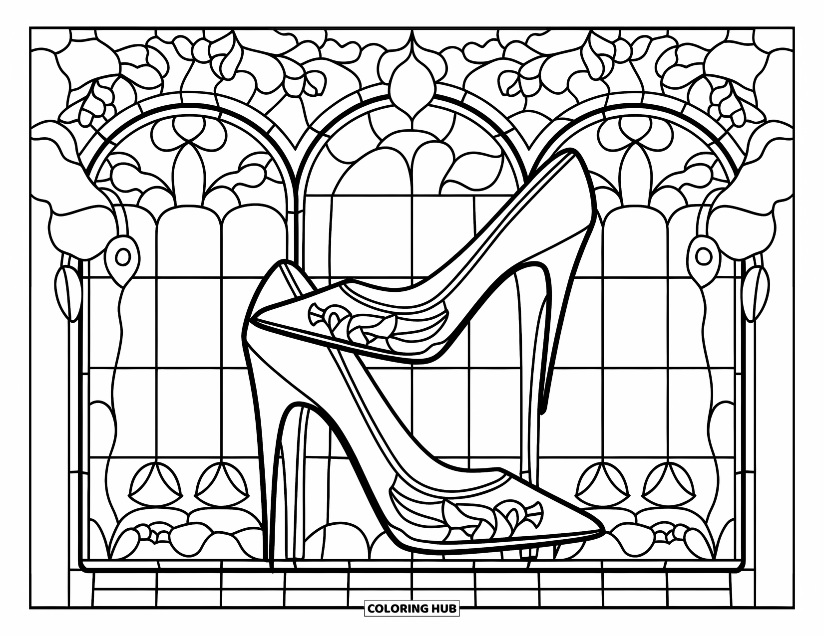 Red Coloring Page for Adults: Stylish heels are framed by stained glass vines and blooming florals