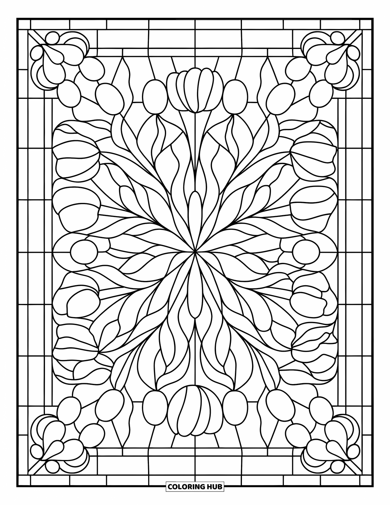 Red Coloring Page for Adults: Tulips bloom in a symmetrical stained glass design with floral corners