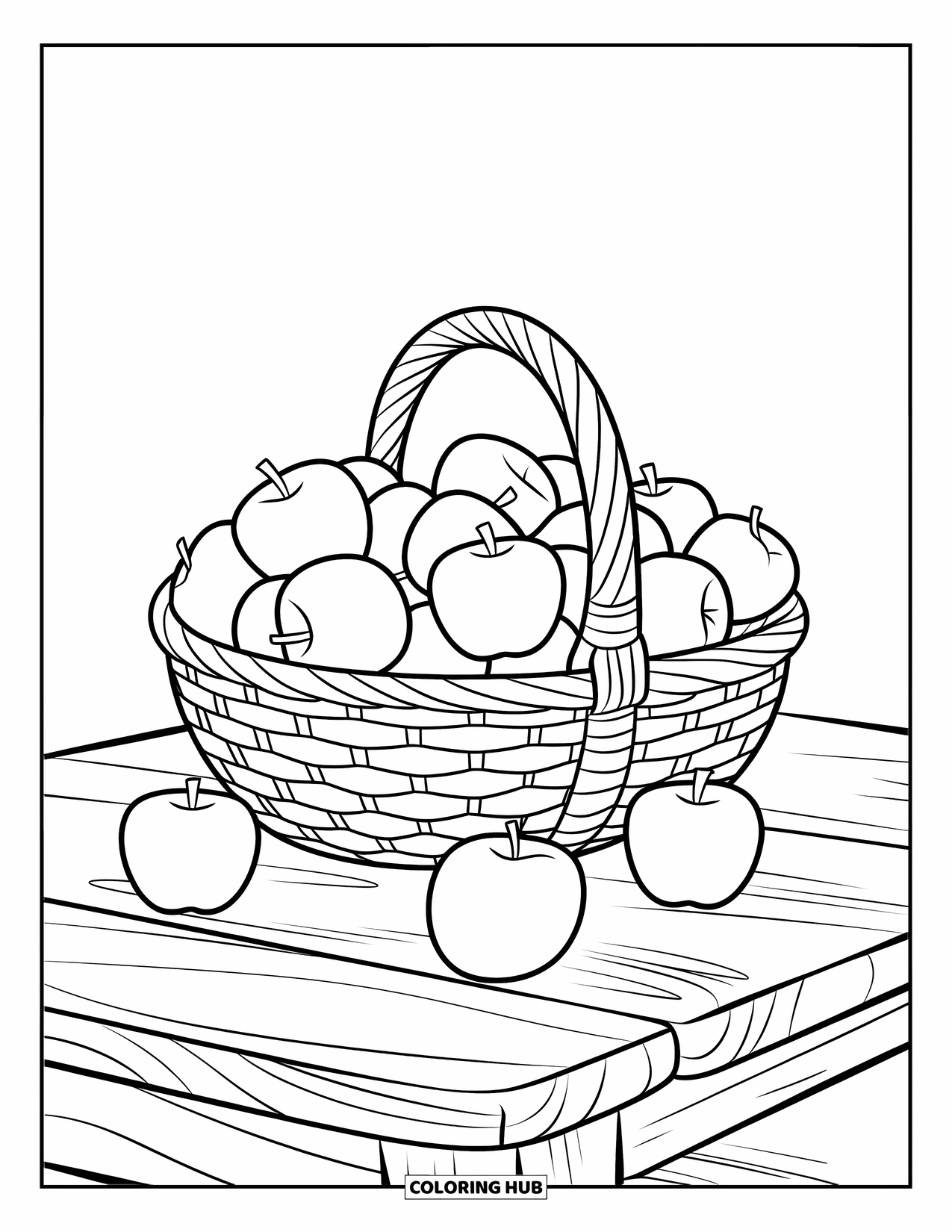 Red Coloring Page for Kids: A basket of apples rests on a wooden table with a few scattered nearby
