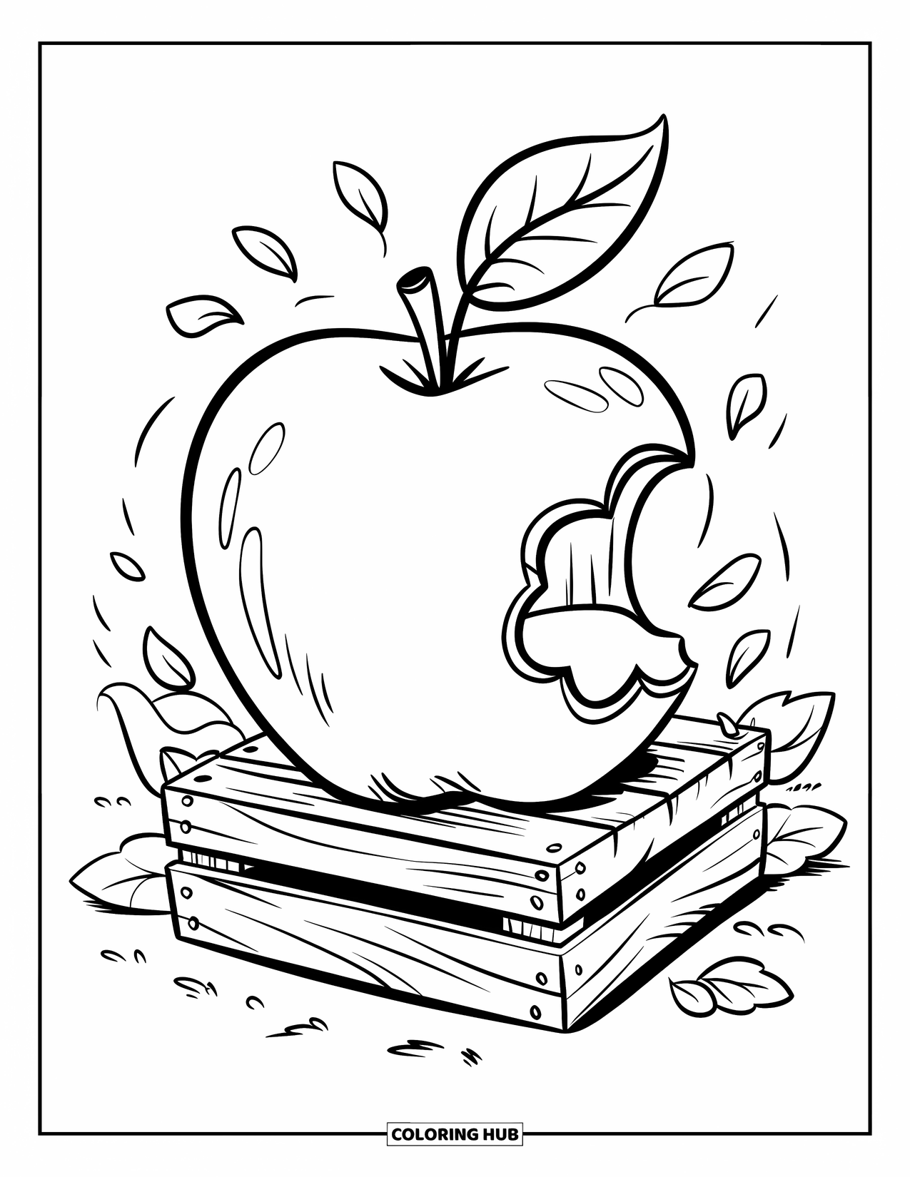 Red Coloring Page for Kids: A big apple with a bite sits on a crate surrounded by leaves