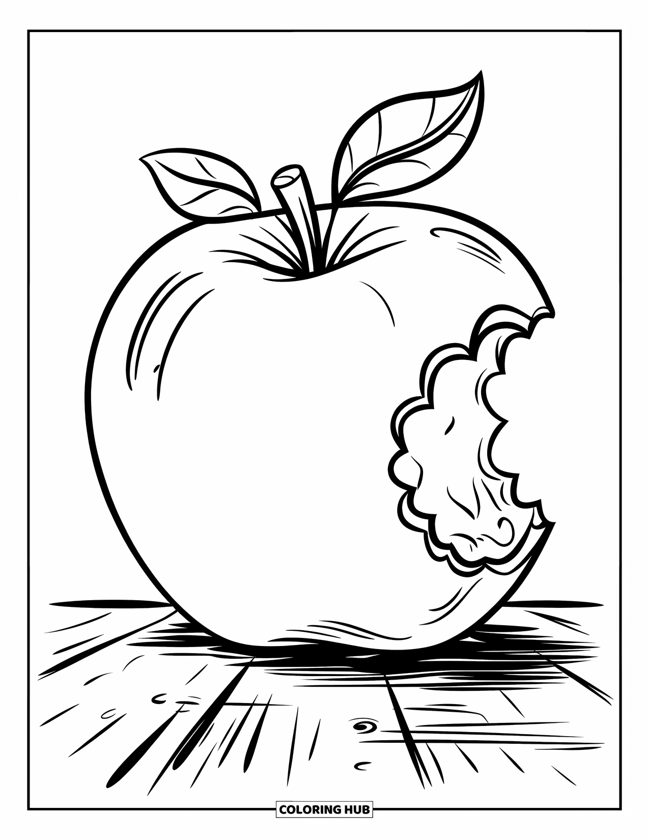 Red Coloring Page for Kids: A bitten apple with a leaf rests on a wooden surface