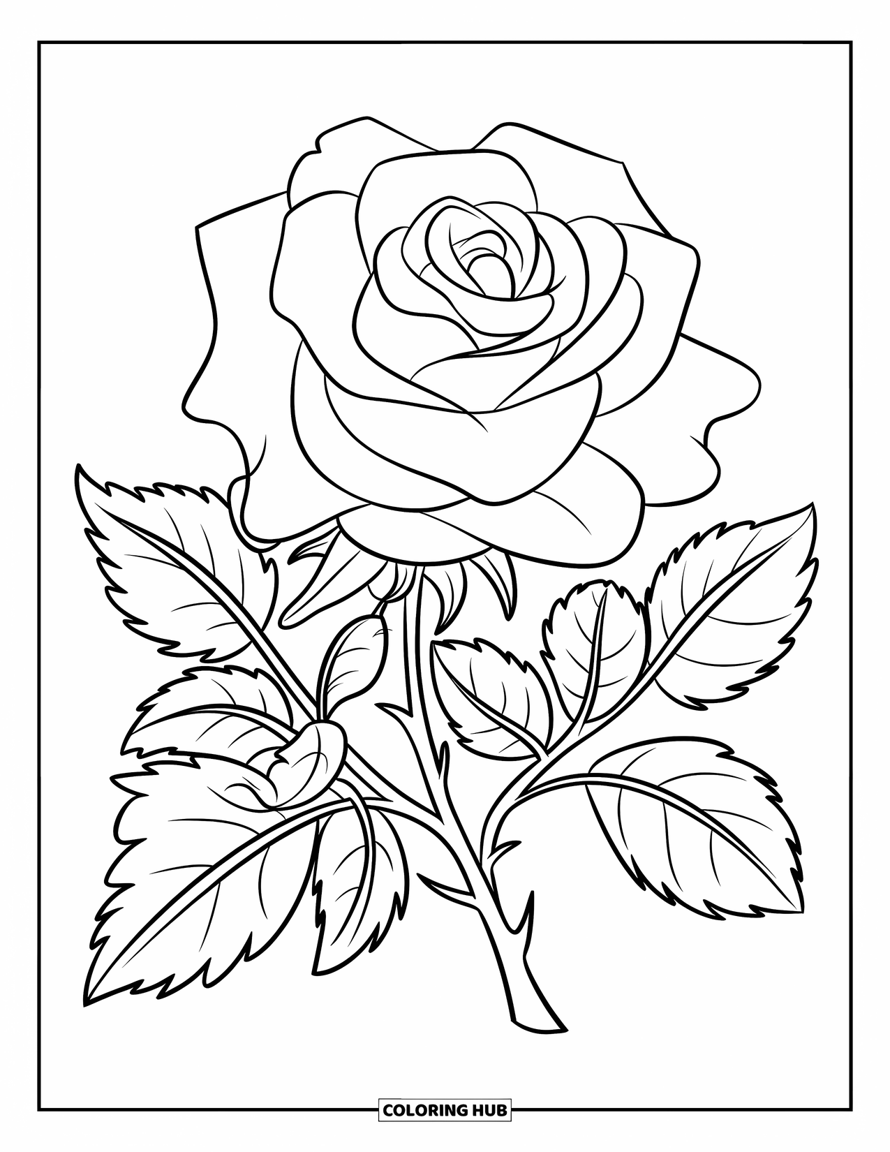 Red Coloring Page for Kids: A bold rose with detailed leaves sits against a white background