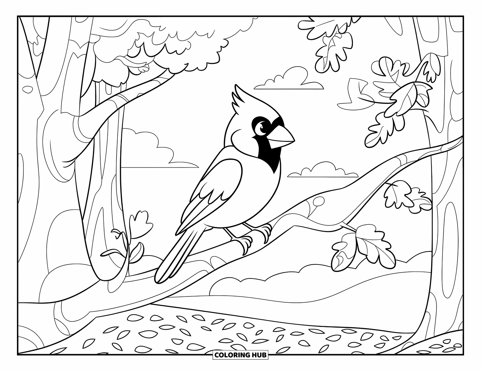Red Coloring Page for Kids: A bright red cardinal sits on a tree branch in a forest