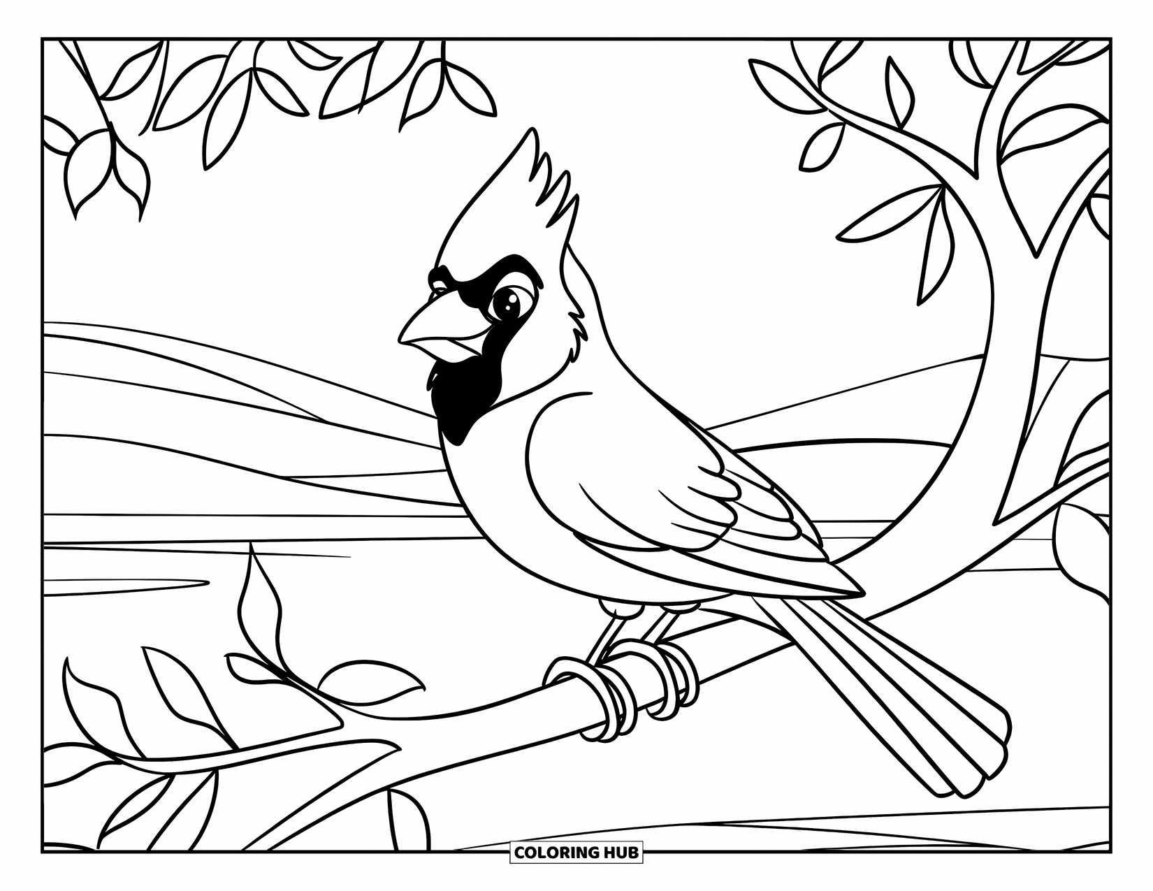 Red Coloring Page for Kids: A cardinal with long tail feathers sits on a branch above hills and water