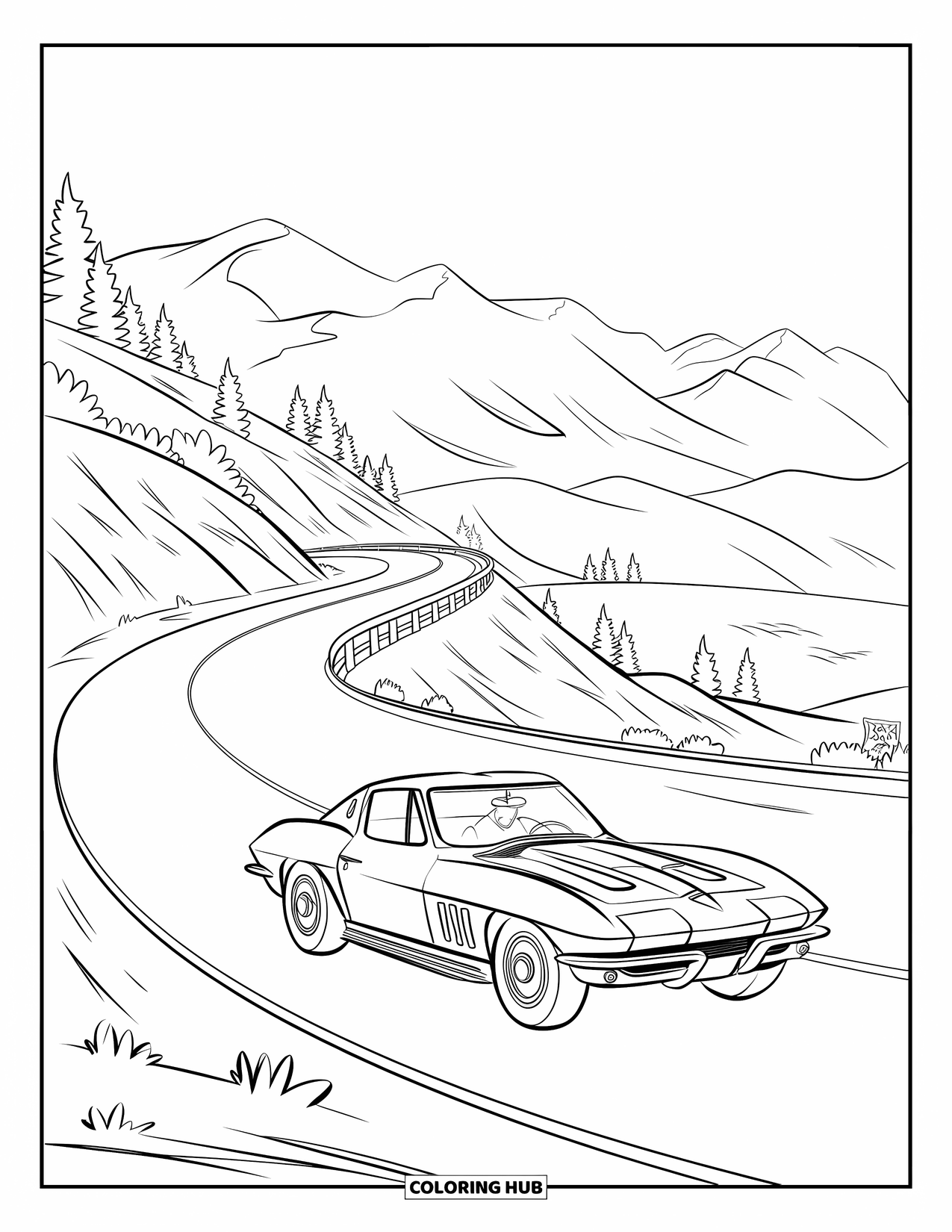 Red Coloring Page for Kids: A classic Corvette cruises a snaking road through mountains and blue skies