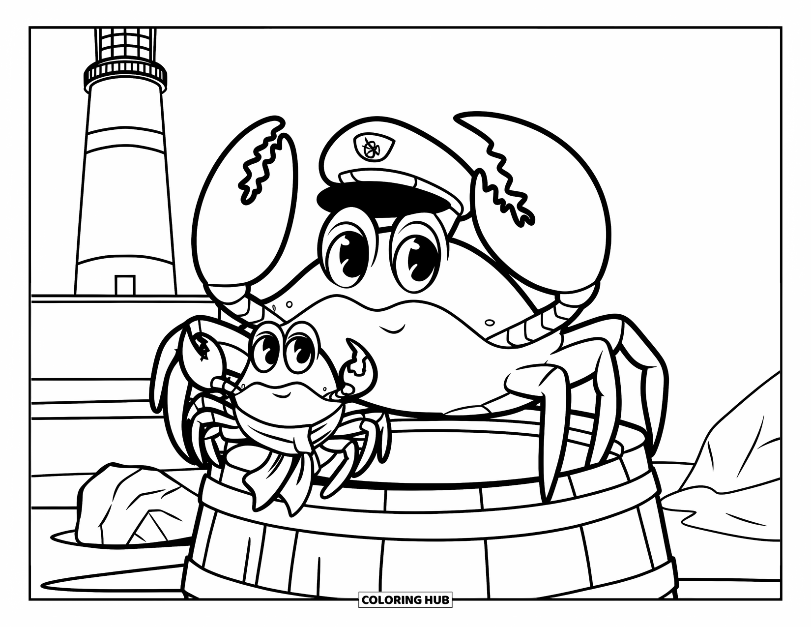 Red Coloring Page for Kids: A crab and lobster sit on a barrel near rocks and a lighthouse