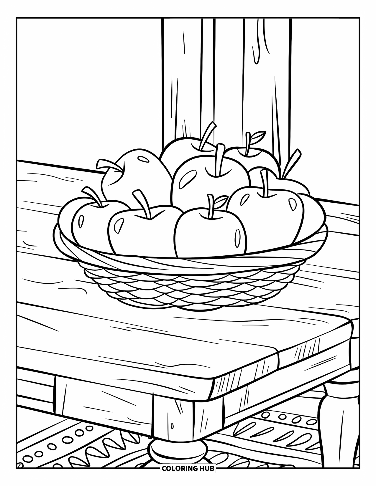 Red Coloring Page for Kids: A full apple basket sits on a scratched table over a patterned rug