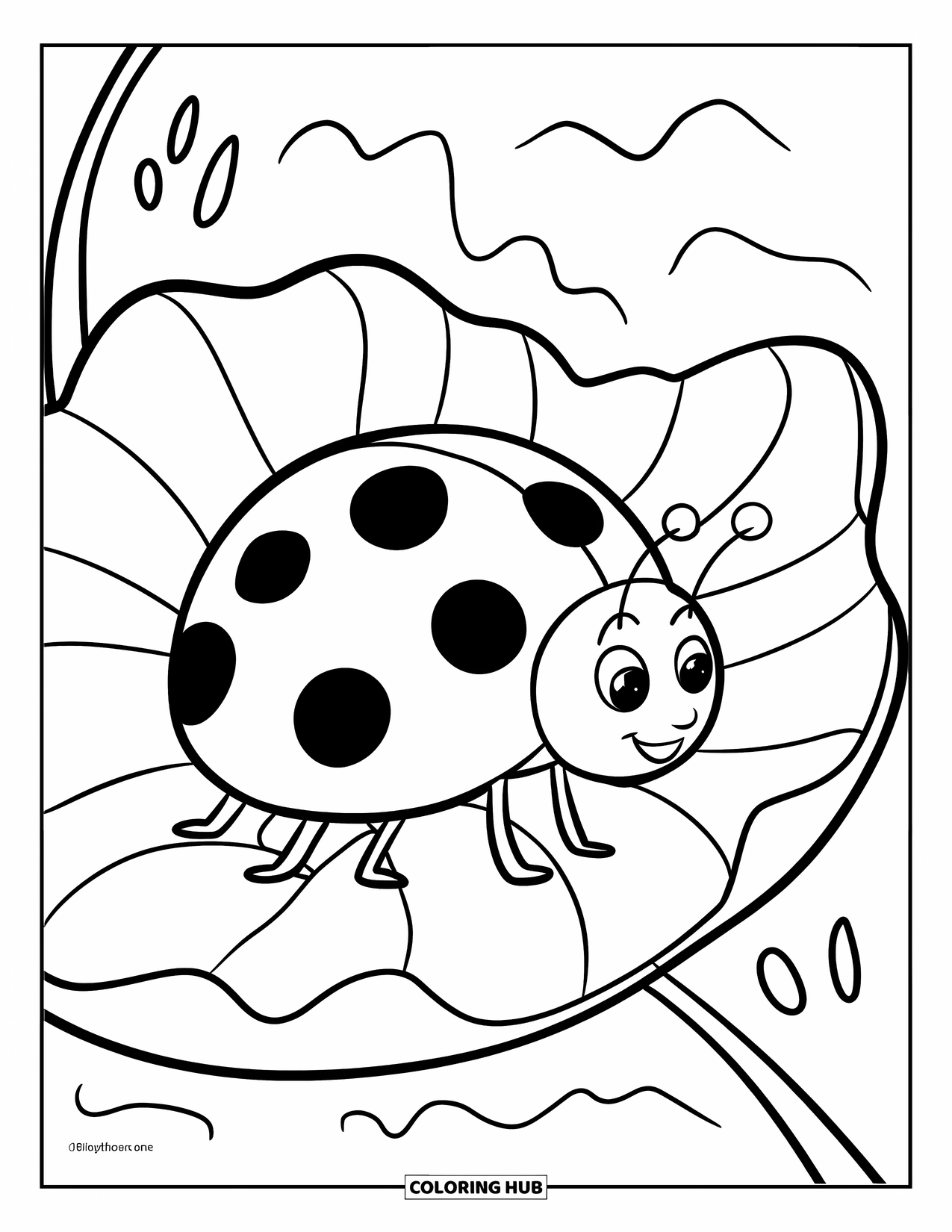 Red Coloring Page for Kids: A ladybug with black spots rests on a curved leaf with background lines