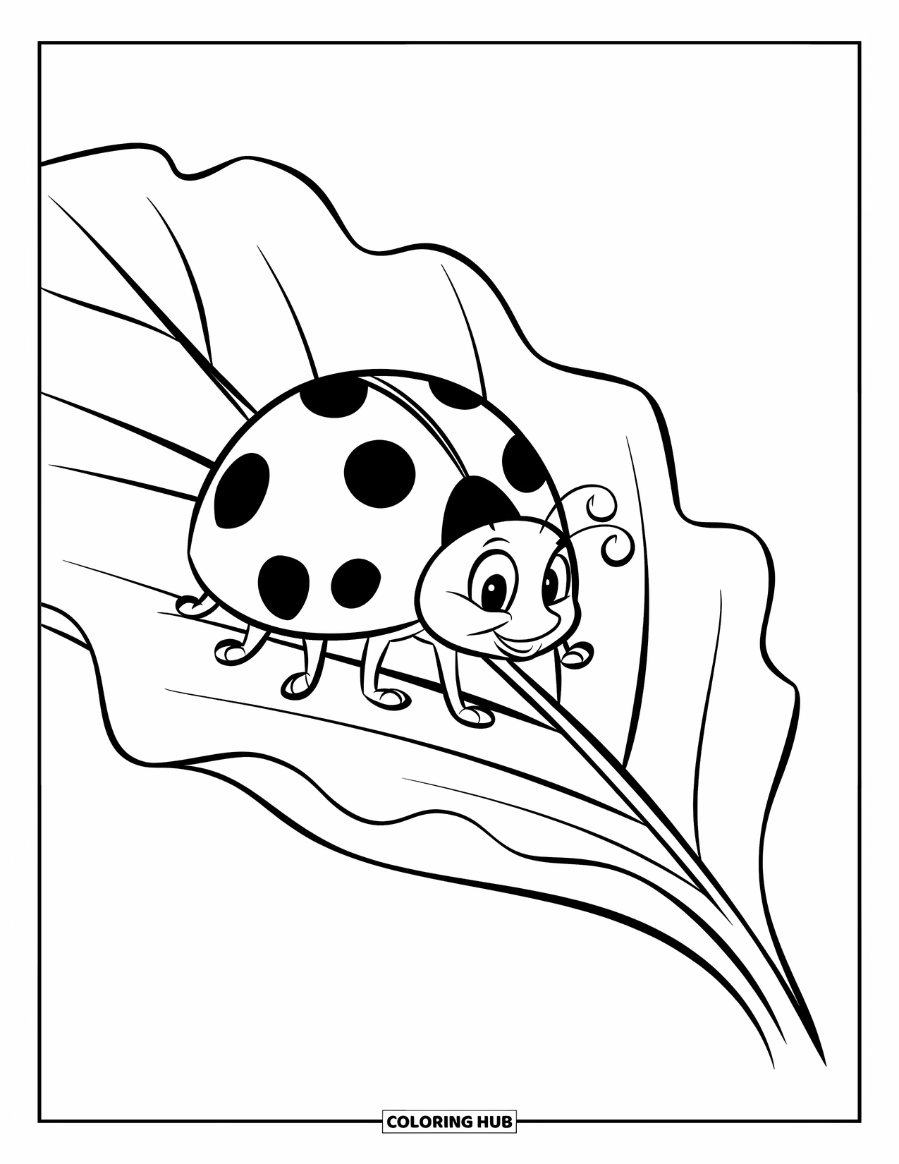 Red Coloring Page for Kids: A ladybug with black spots rests on a large, wavy-edged leaf