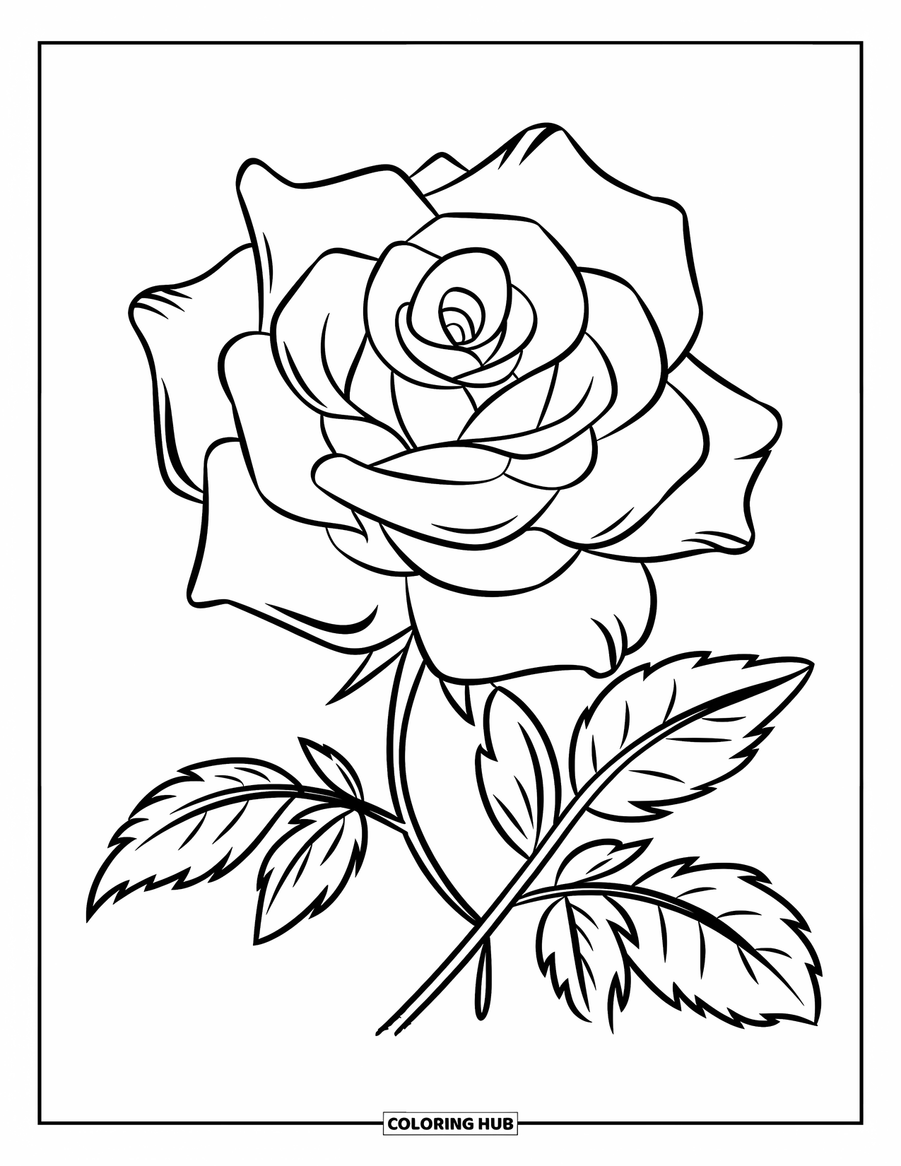 Red Coloring Page for Kids: A large rose with a few leaves stands out in a simple layout