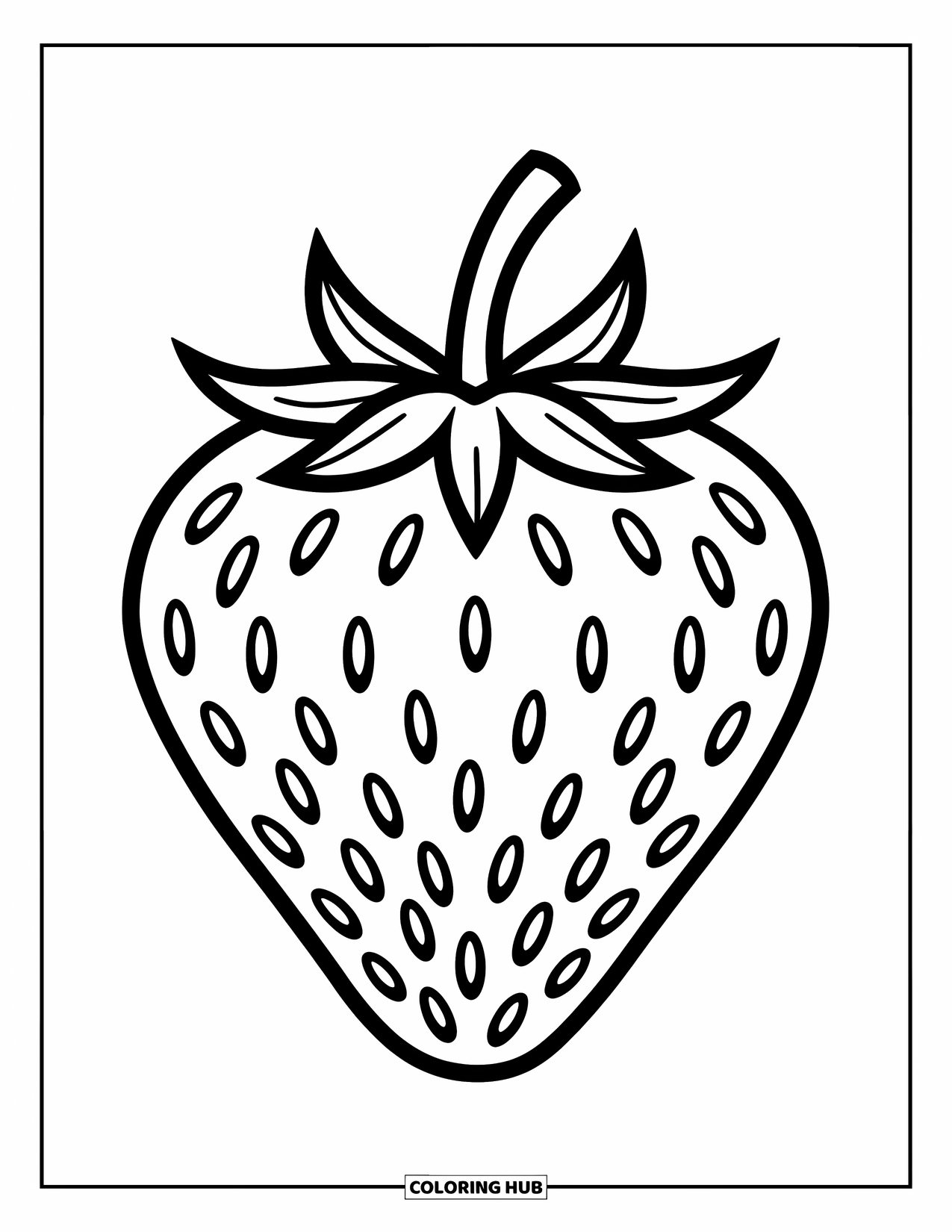 Red Coloring Page for Kids: A large strawberry with seeds and a stem sits centered on white