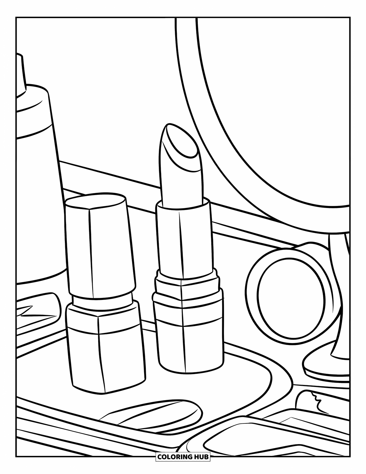 Red Coloring Page for Kids: A lipstick and nail polish set rests on a small vanity table