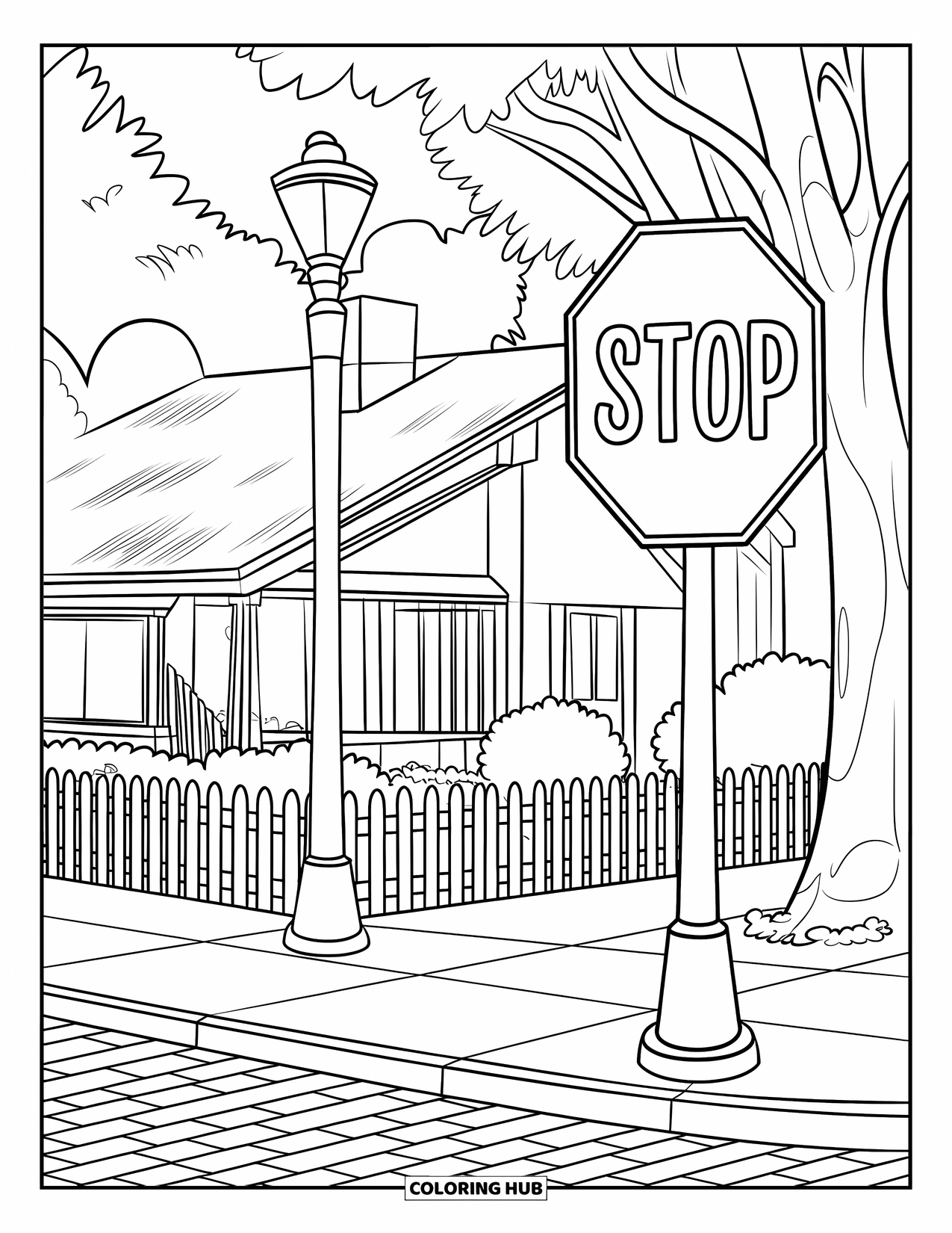 Red Coloring Page for Kids: A stop sign sits near a house, fence, lamppost, and tree