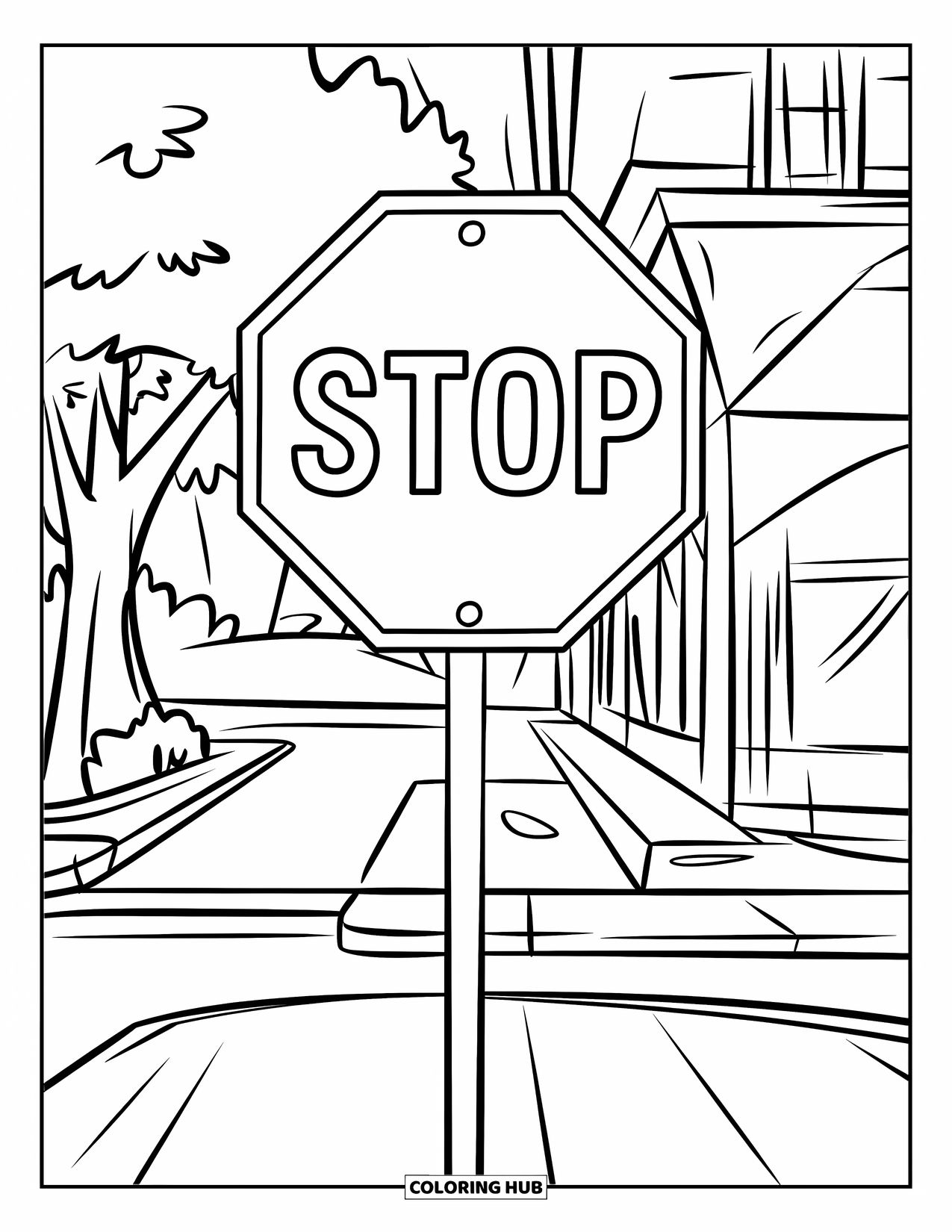 Red Coloring Page for Kids: A stop sign stands on a quiet street with trees and a building