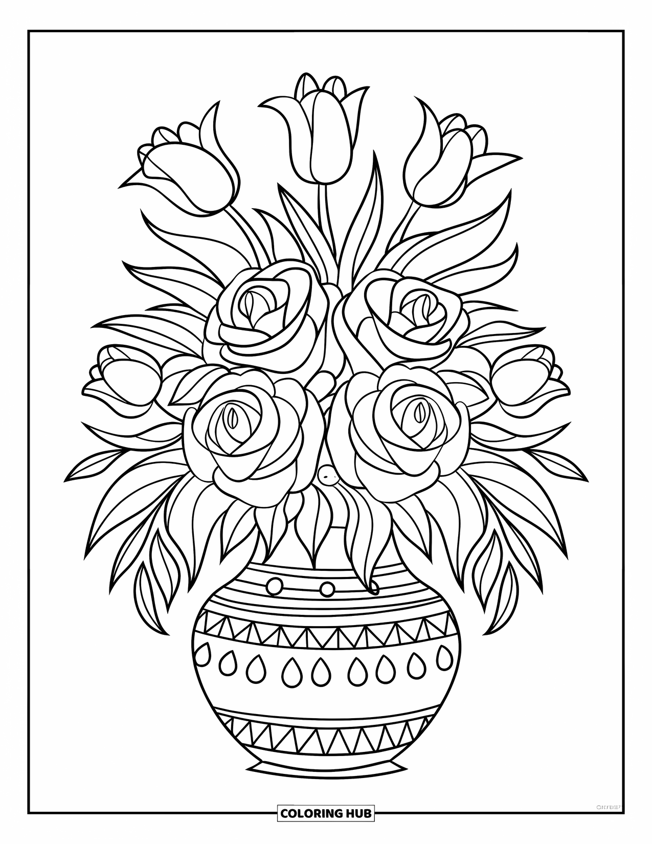 Red Coloring Page for Kids: A vase of roses and tulips sits with leaves at the bottom