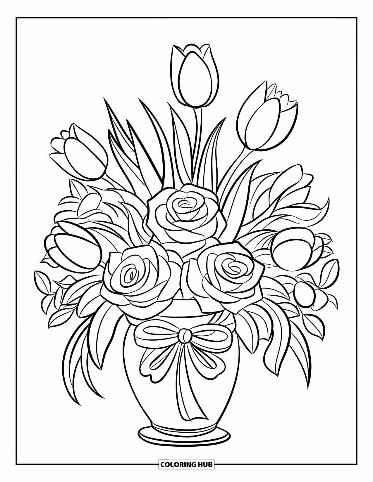 Red Coloring Page for Kids: A vase of roses and tulips with a ribbon stands ready for coloring