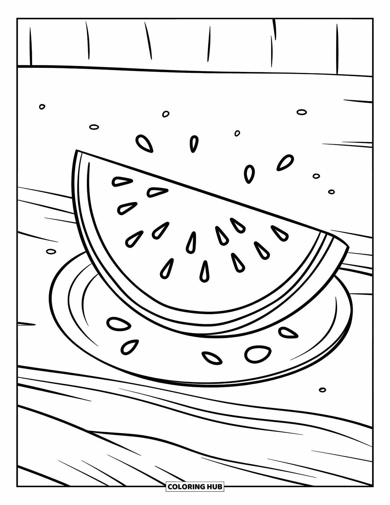 Red Coloring Page for Kids: A watermelon slice on a plate has scattered seeds and a clean layout
