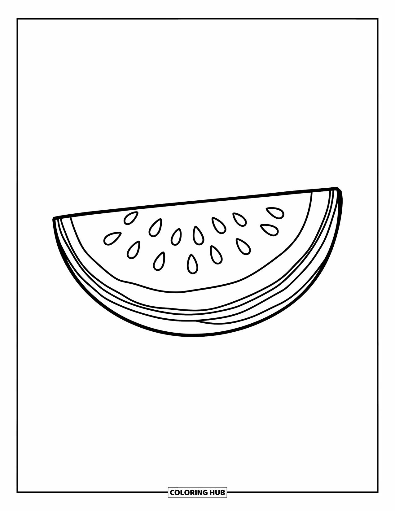 Red Coloring Page for Kids: A watermelon slice with seeds rests on a simple white background