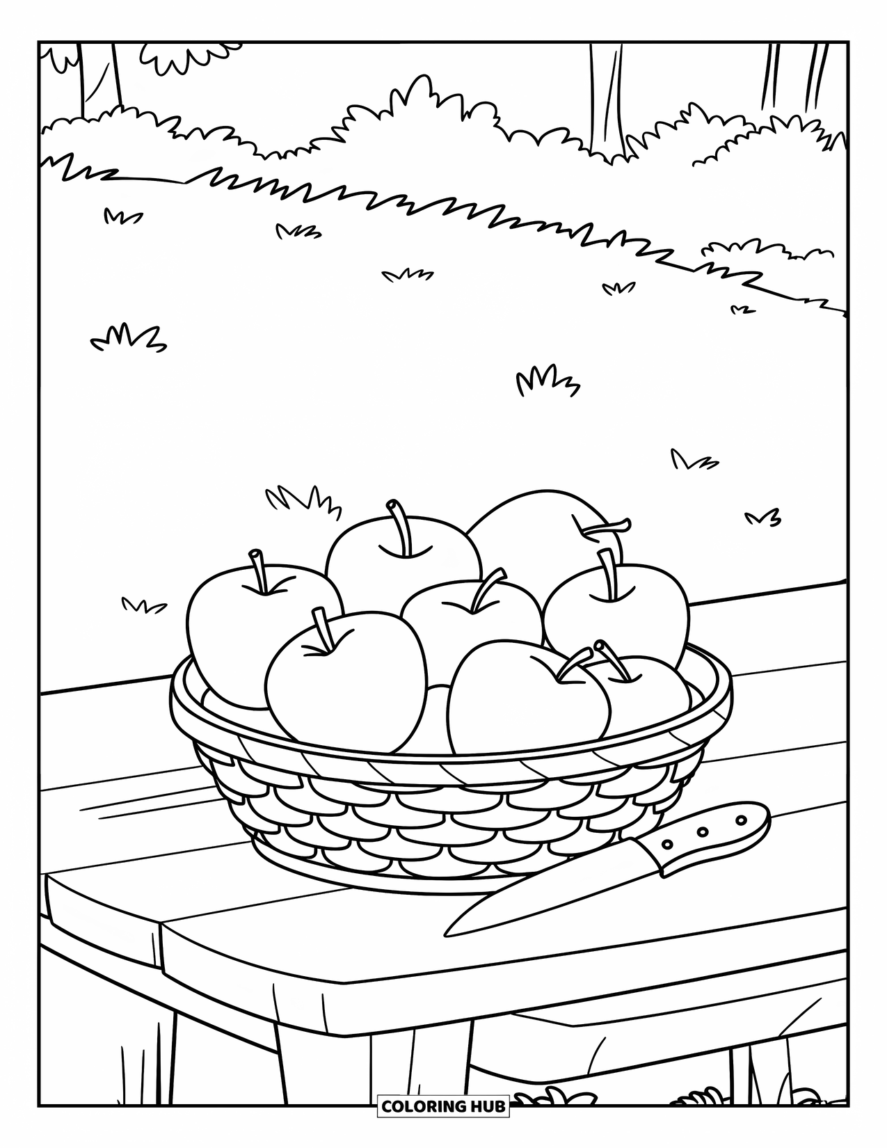 Red Coloring Page for Kids: Apples fill a basket beside a knife on a table in a grassy field