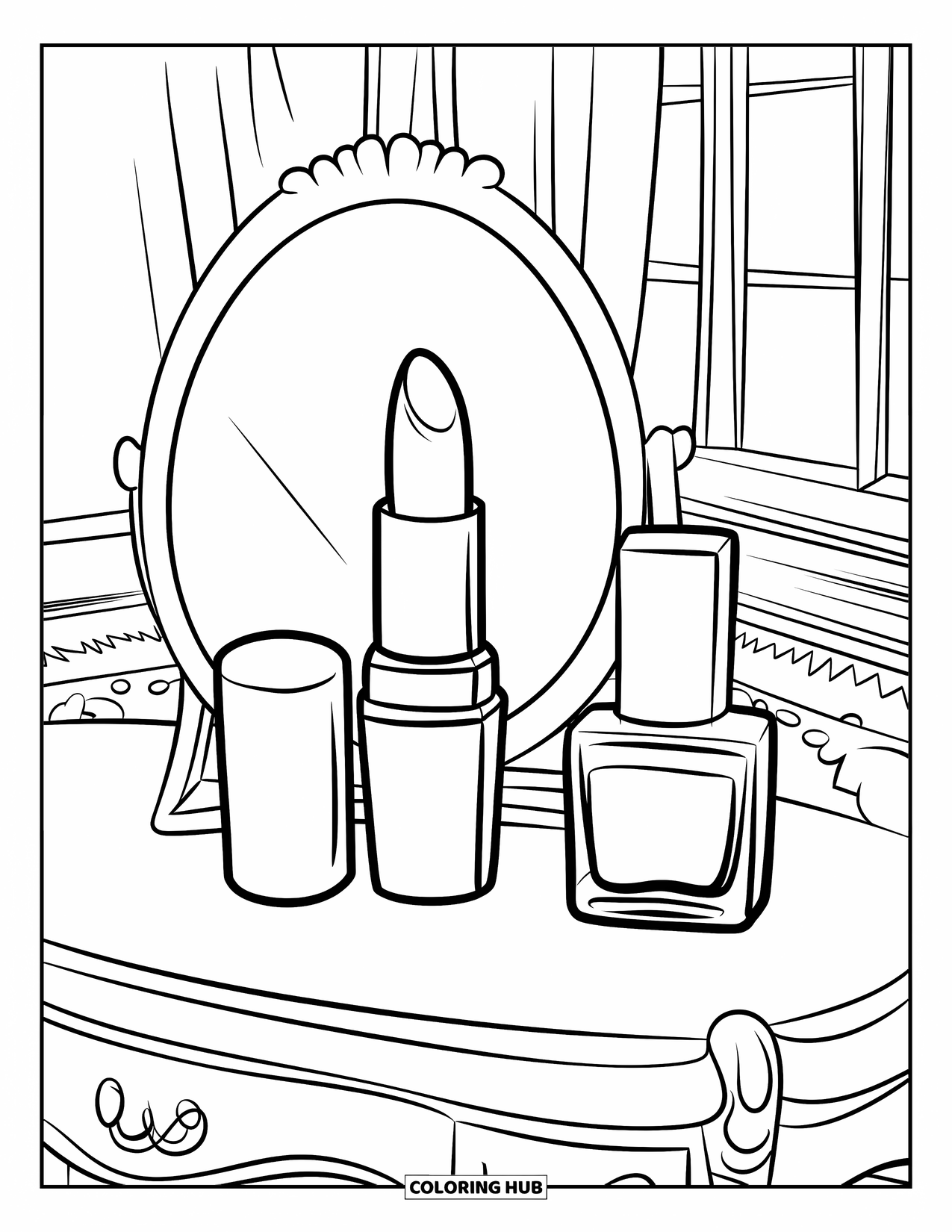 Red Coloring Page for Kids: Lipstick and nail polish sit on a vanity table beside a mirror