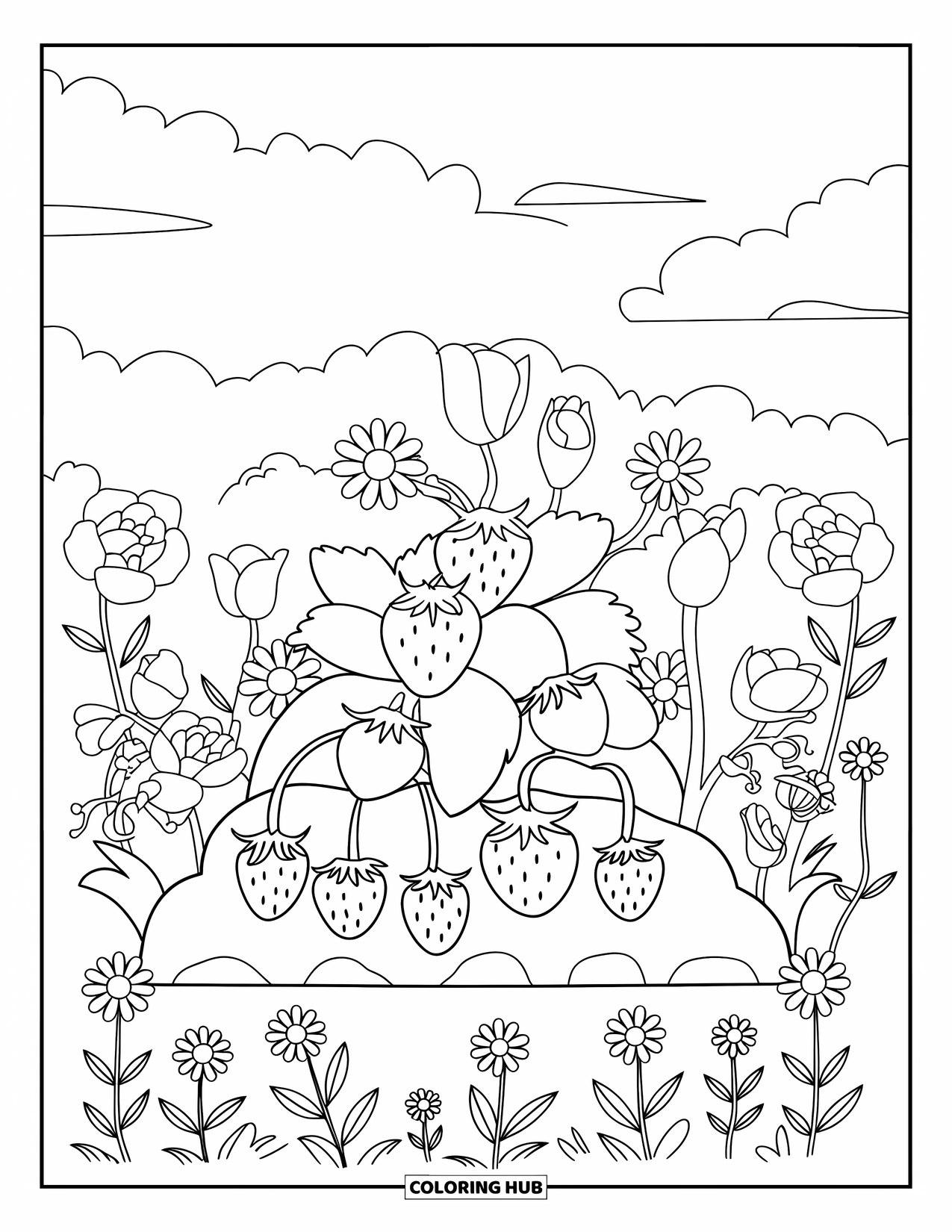 Red Coloring Page for Kids: Small strawberries grow low among daisies, roses, and tulips