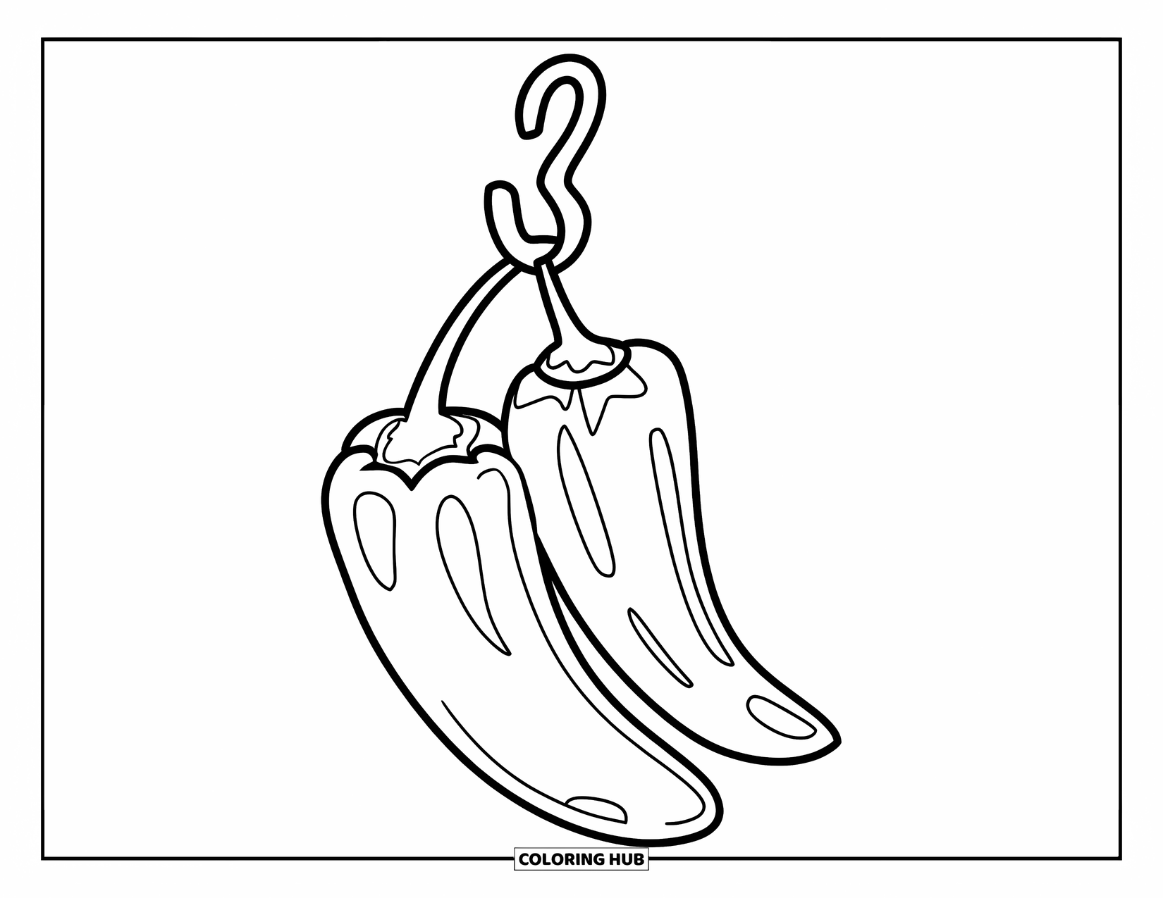 Red Coloring Page for Kids: Two chili peppers hang from a hook on a white background