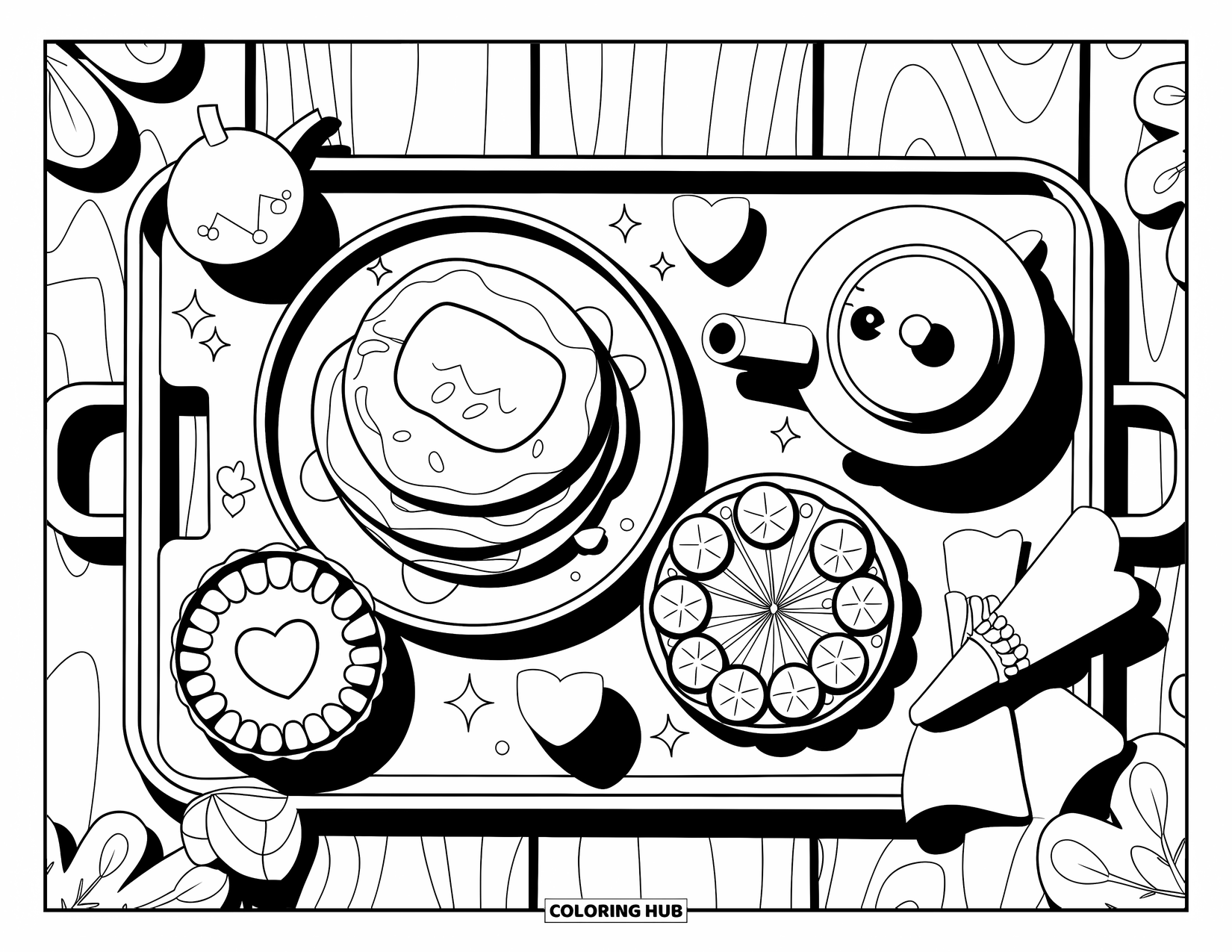 Restaurant Coloring Page for Adults: Adorable brunch tray with pancakes, fruit tart, napkin, and tea kettle with hearts