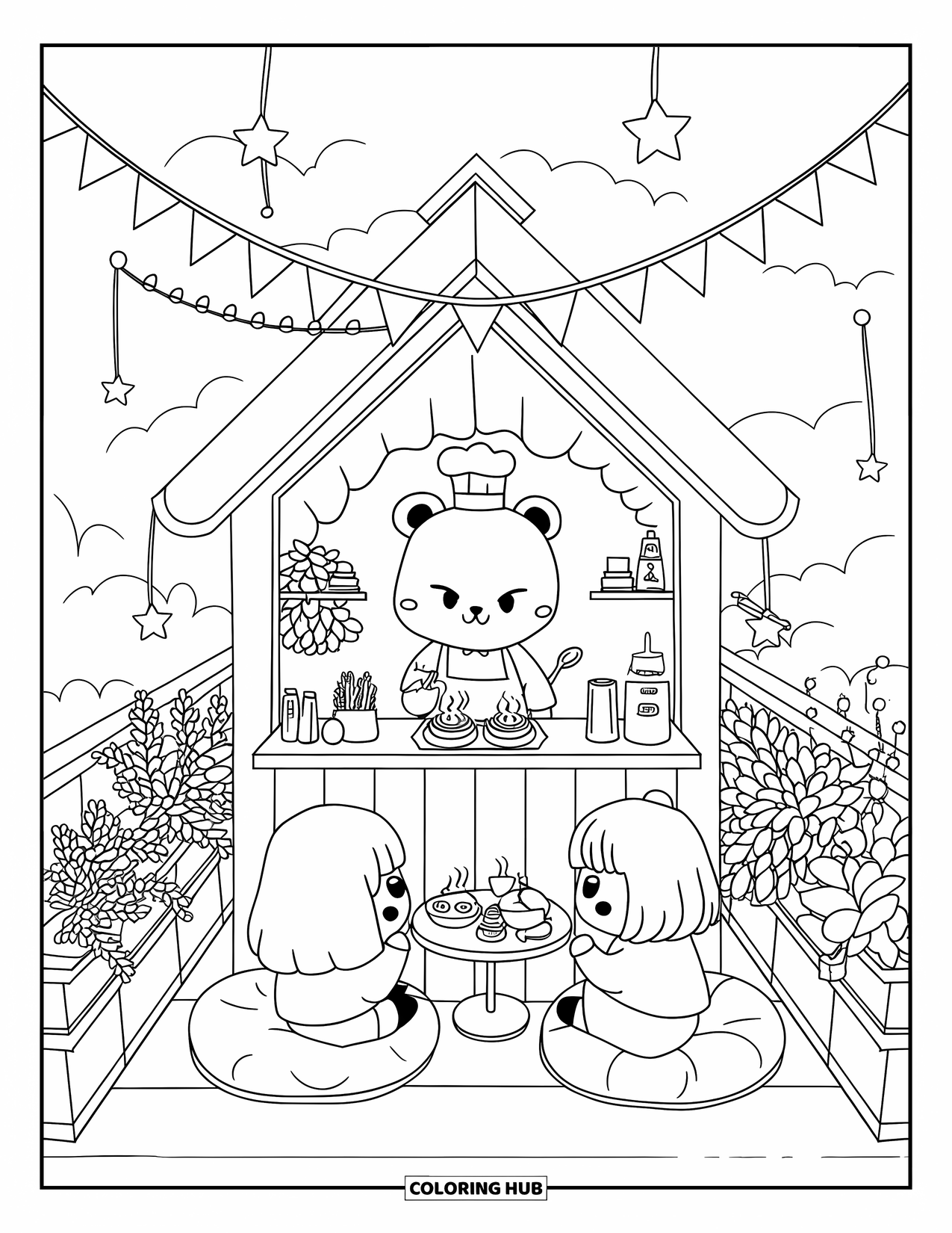 Restaurant Coloring Page for Adults: Bear offers pastries to guests sitting on cushions under hanging stars