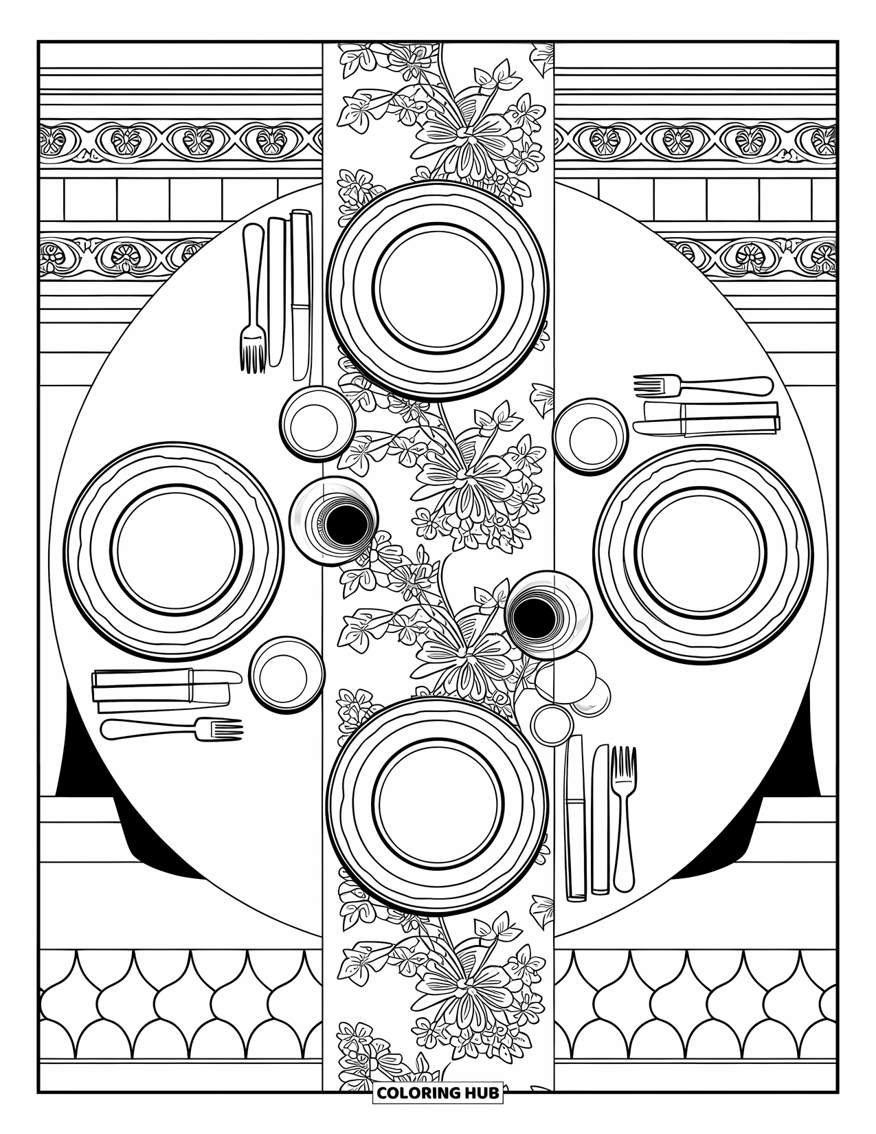 Restaurant Coloring Page for Adults: Bird's-eye view of a table with dishes, glasses, napkins, and a floral table runner