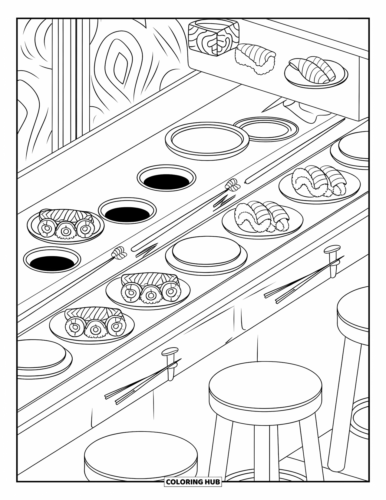 Restaurant Coloring Page for Adults: Chopsticks and sushi plates circle a bar with soft patterns in the background