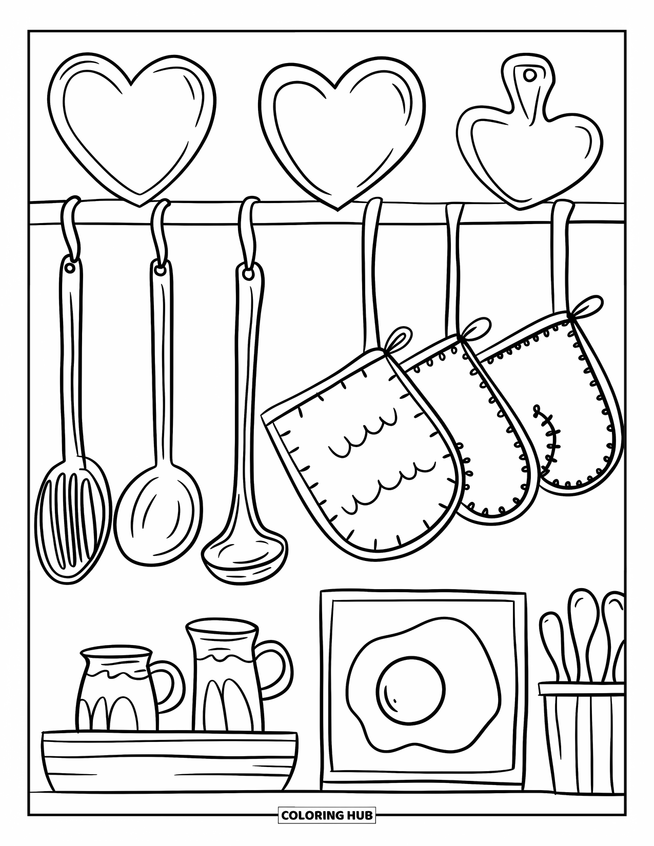Restaurant Coloring Page for Adults: Cozy kitchen shelf filled with cute utensils, heart cutting boards, and egg artwork