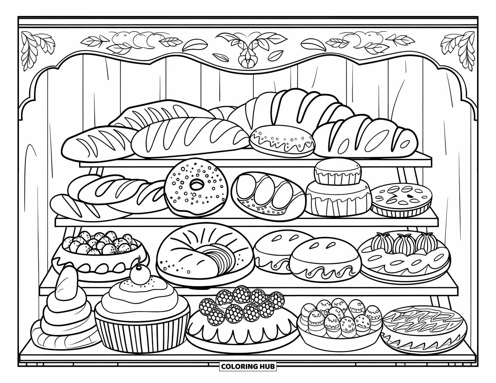Restaurant Coloring Page for Adults: Croissants, donuts, and cakes fill a rustic pastry shelf with carved wooden details