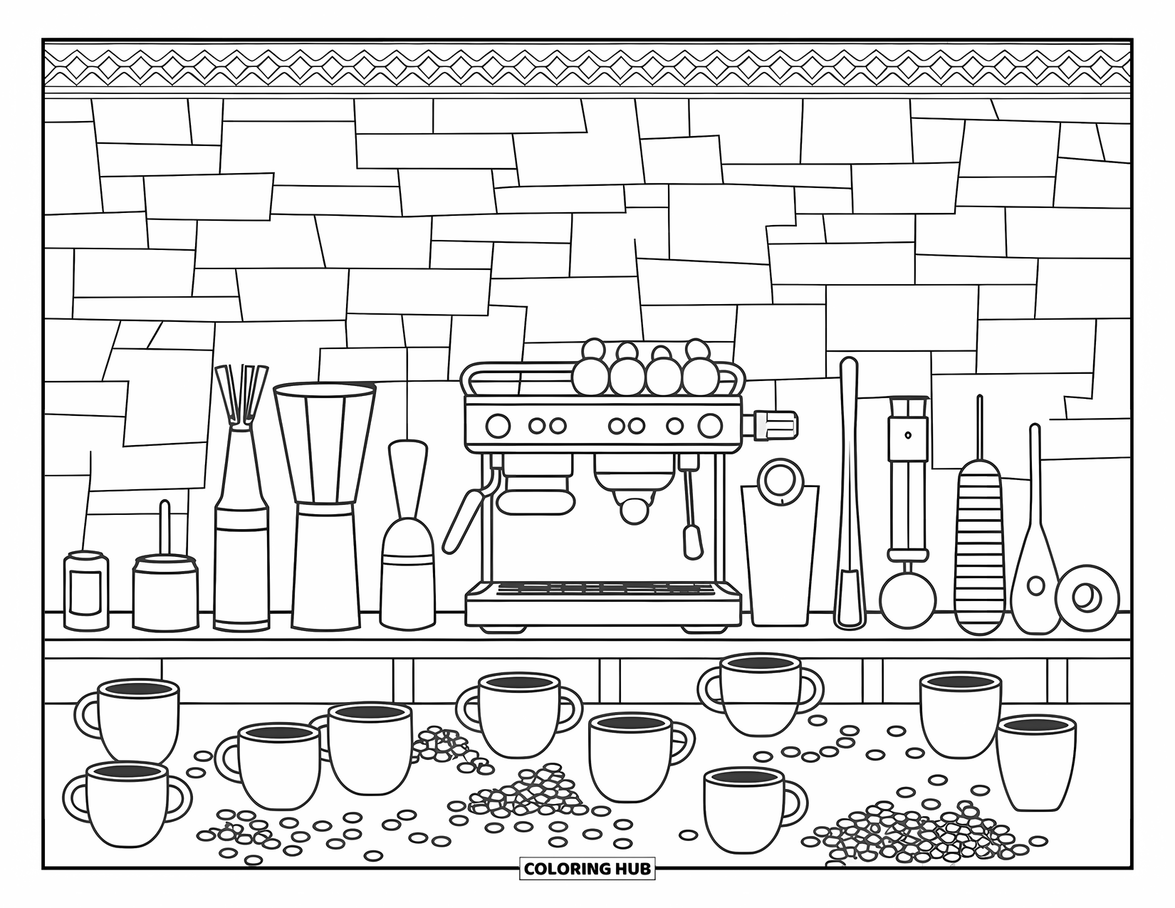 Restaurant Coloring Page for Adults: Espresso machine and mugs sit among scattered beans at a cozy barista station