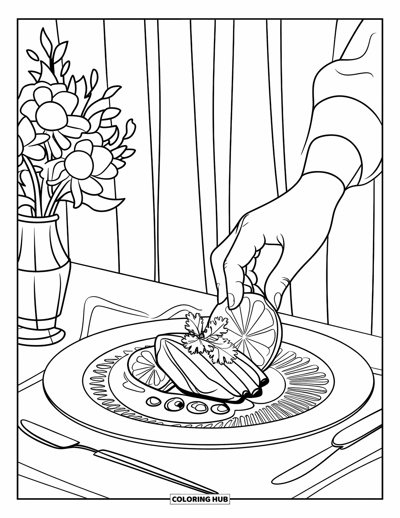 Restaurant Coloring Page for Adults: Fish with parsley and lemon is plated by a chef near flowers and a curtain