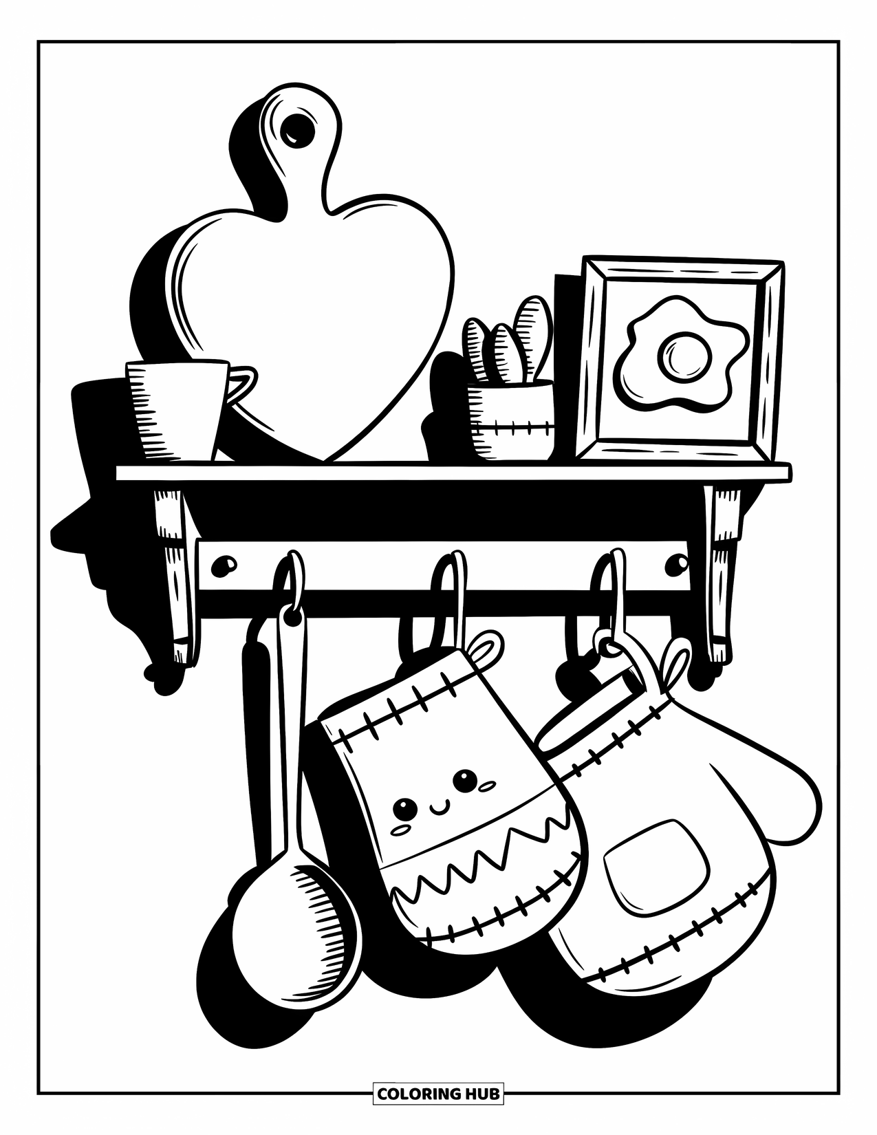 Restaurant Coloring Page for Adults: Heart cutting board, ladle, mitts, and egg picture rest on a cozy kitchen shelf