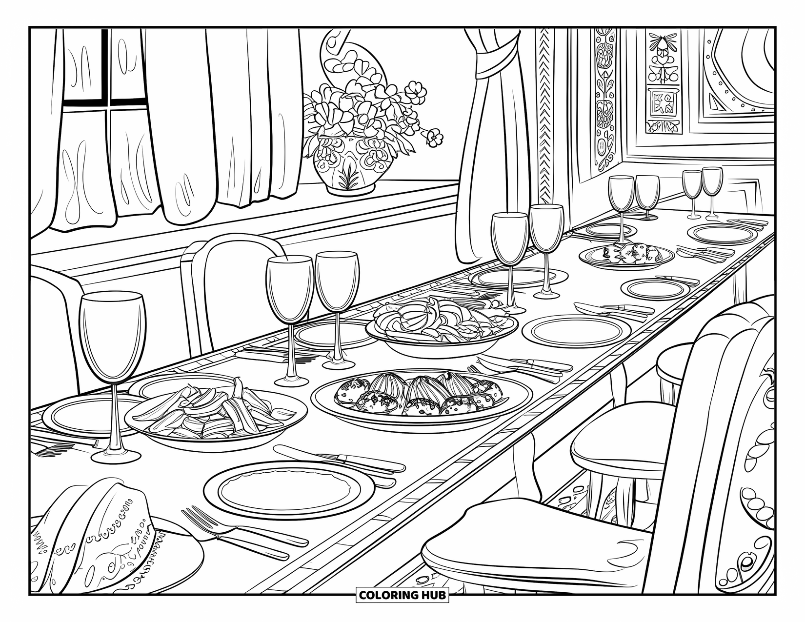 Restaurant Coloring Page for Adults: International dishes are served on a long table with wine glasses and floral decor