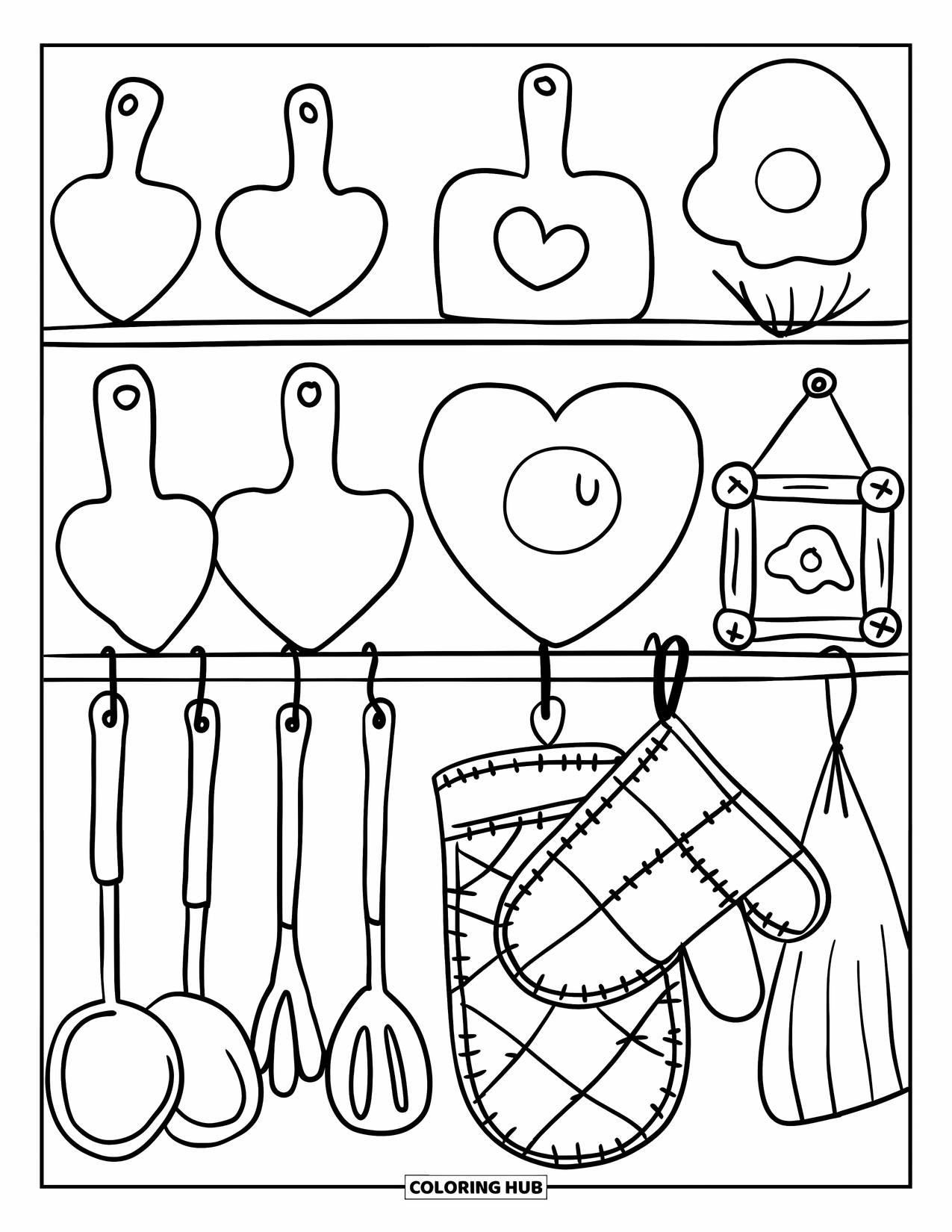 Restaurant Coloring Page for Adults: Mini kitchen shelf with heart-shaped decor, tiny utensils, and a framed egg drawing