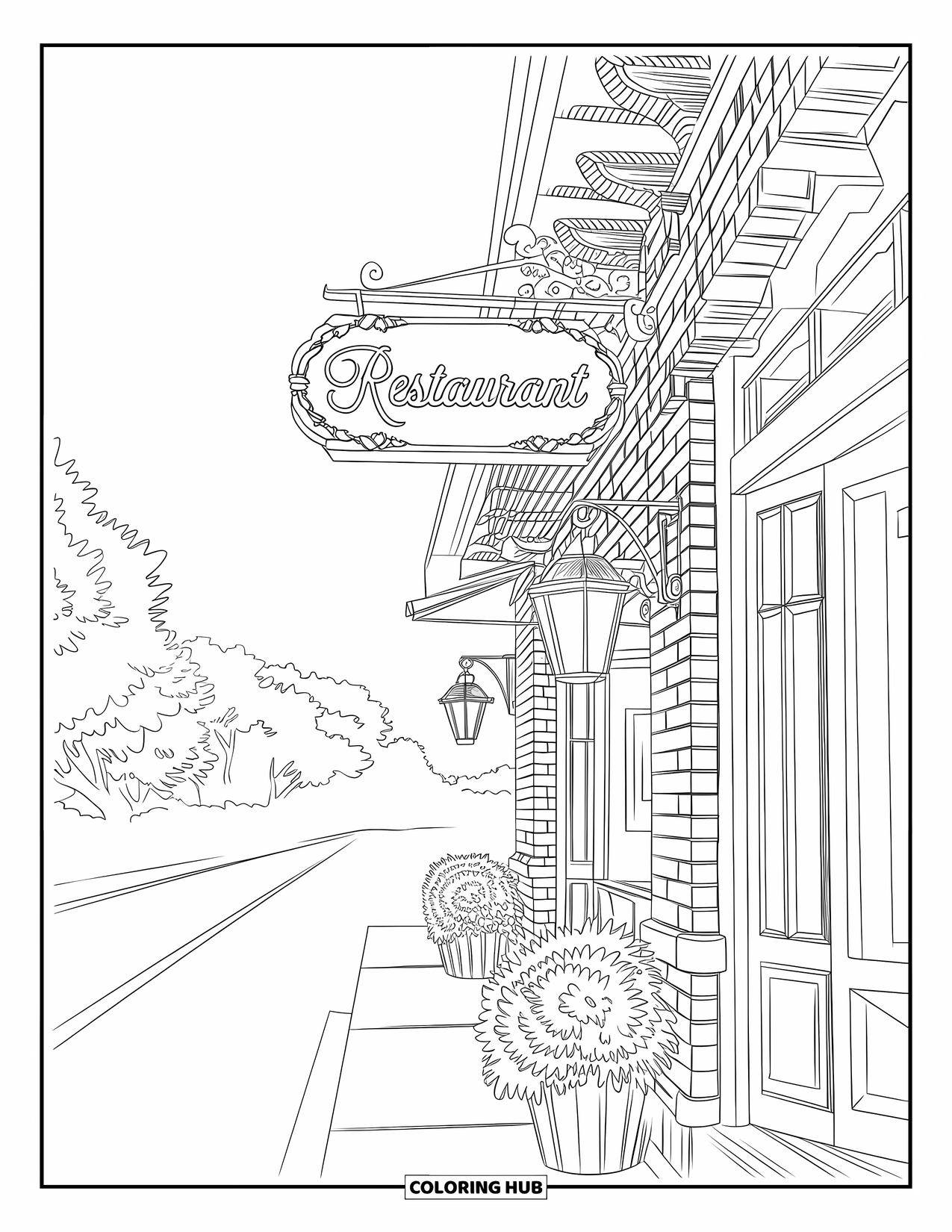 Restaurant Coloring Page for Adults: Old-style restaurant with brick details and lanterns nestled near trees and a quiet road