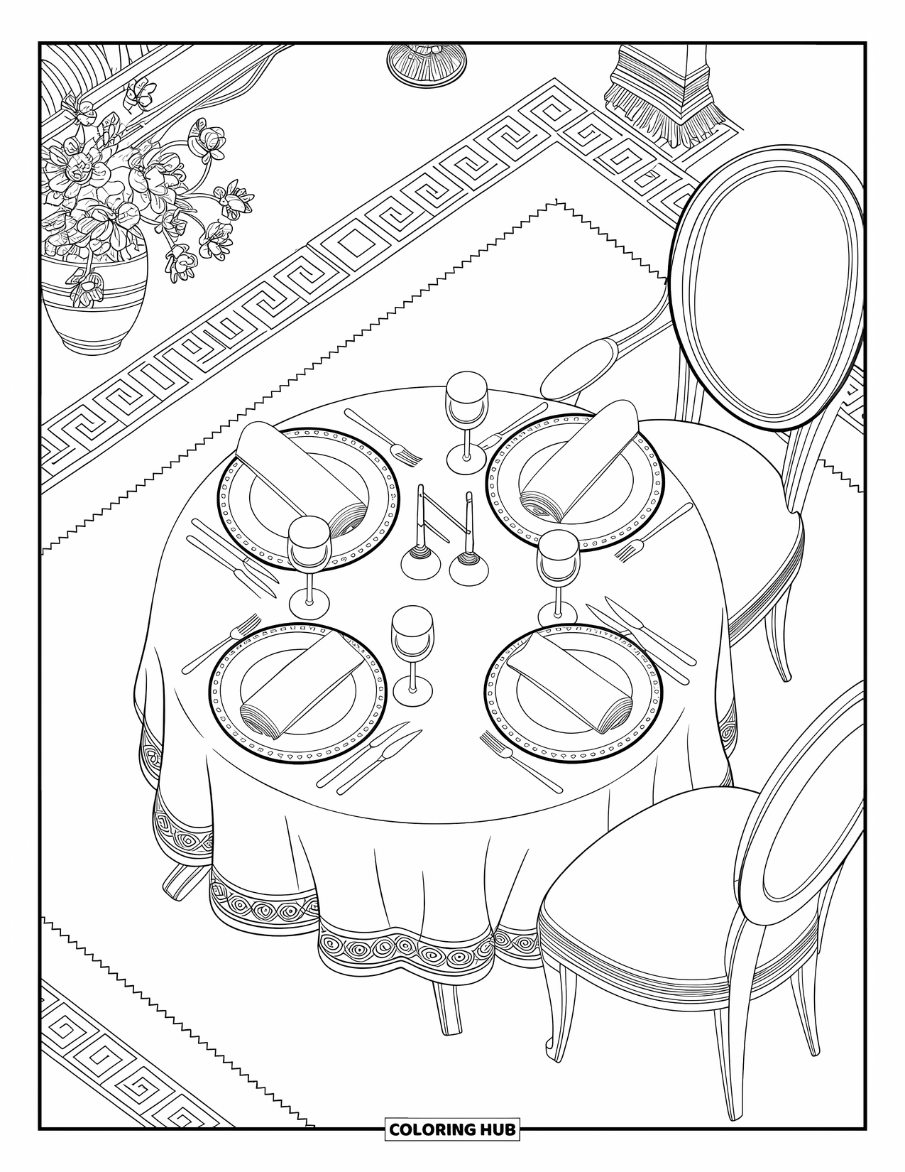 Restaurant Coloring Page for Adults: Overhead view of a restaurant table with layered plates, flowers, and a patterned rug