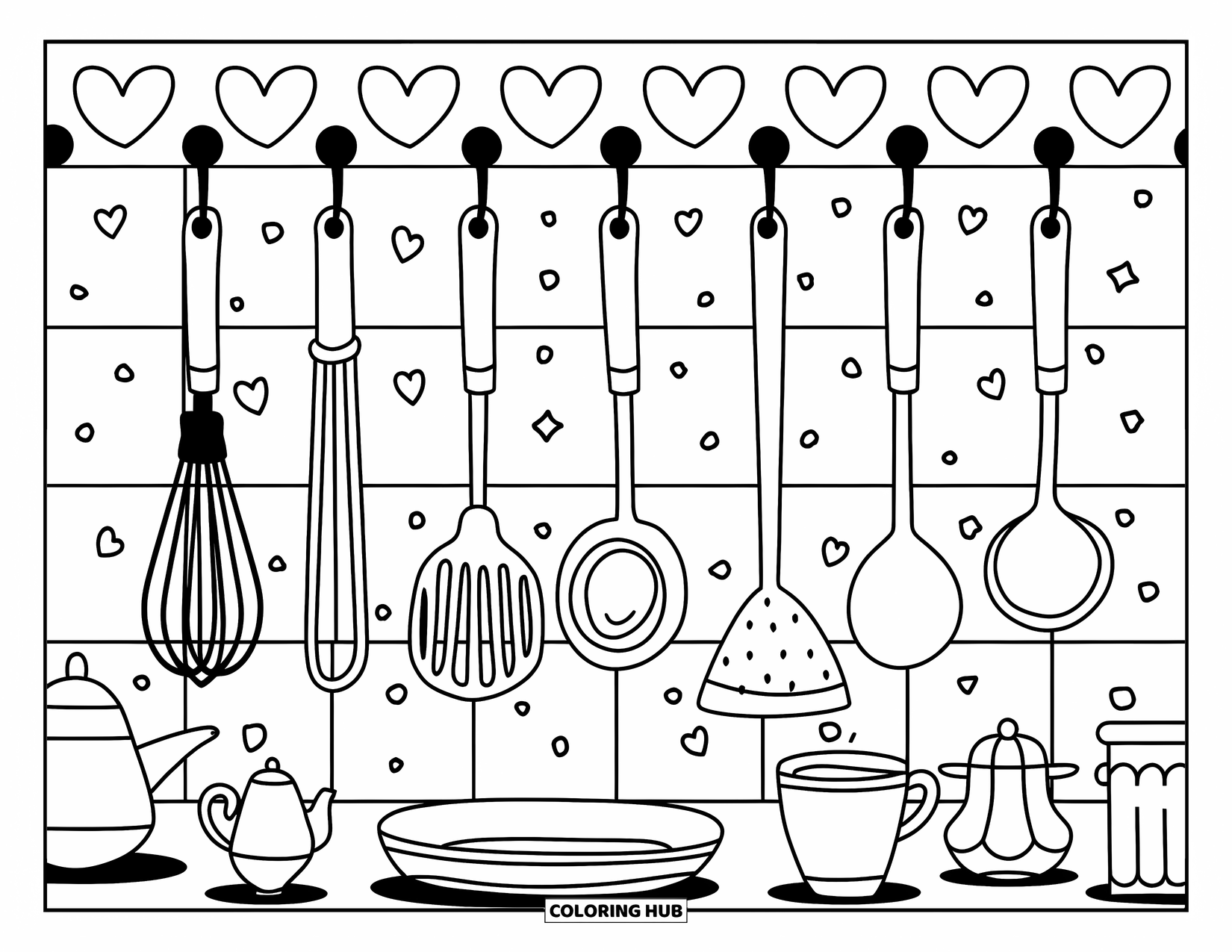 Restaurant Coloring Page for Adults: Oversized tools and tiny table items create a playful kitchen with heart tiles