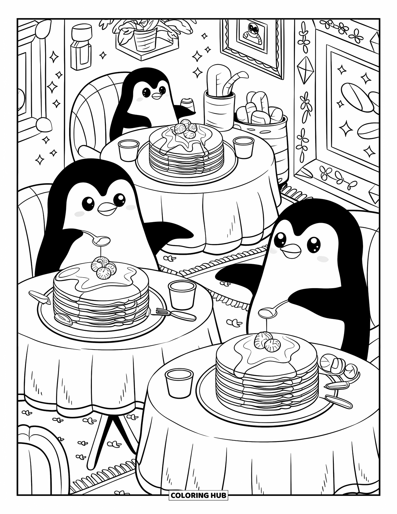 Restaurant Coloring Page for Adults: Penguin family reaches for syrup at a cozy table stacked with pancakes