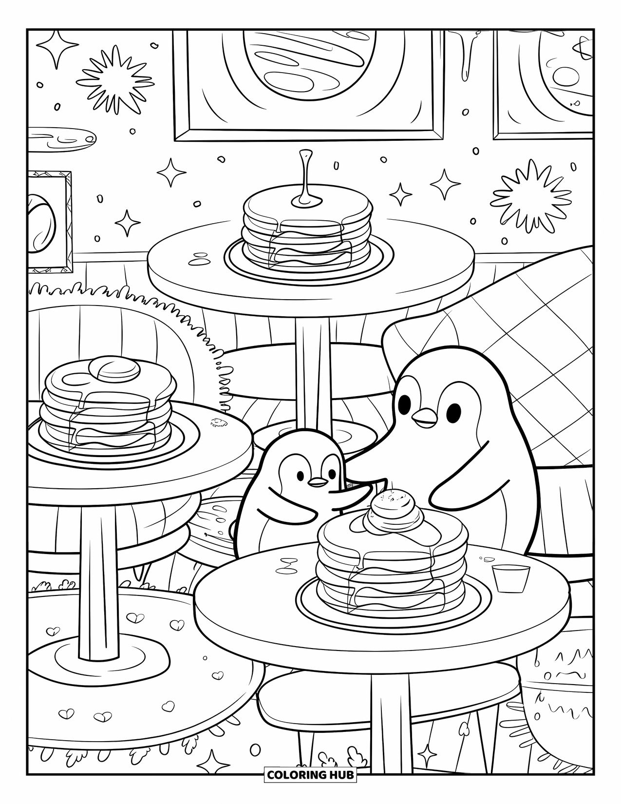 Restaurant Coloring Page for Adults: Penguins enjoy pancakes together under sparkles and framed art