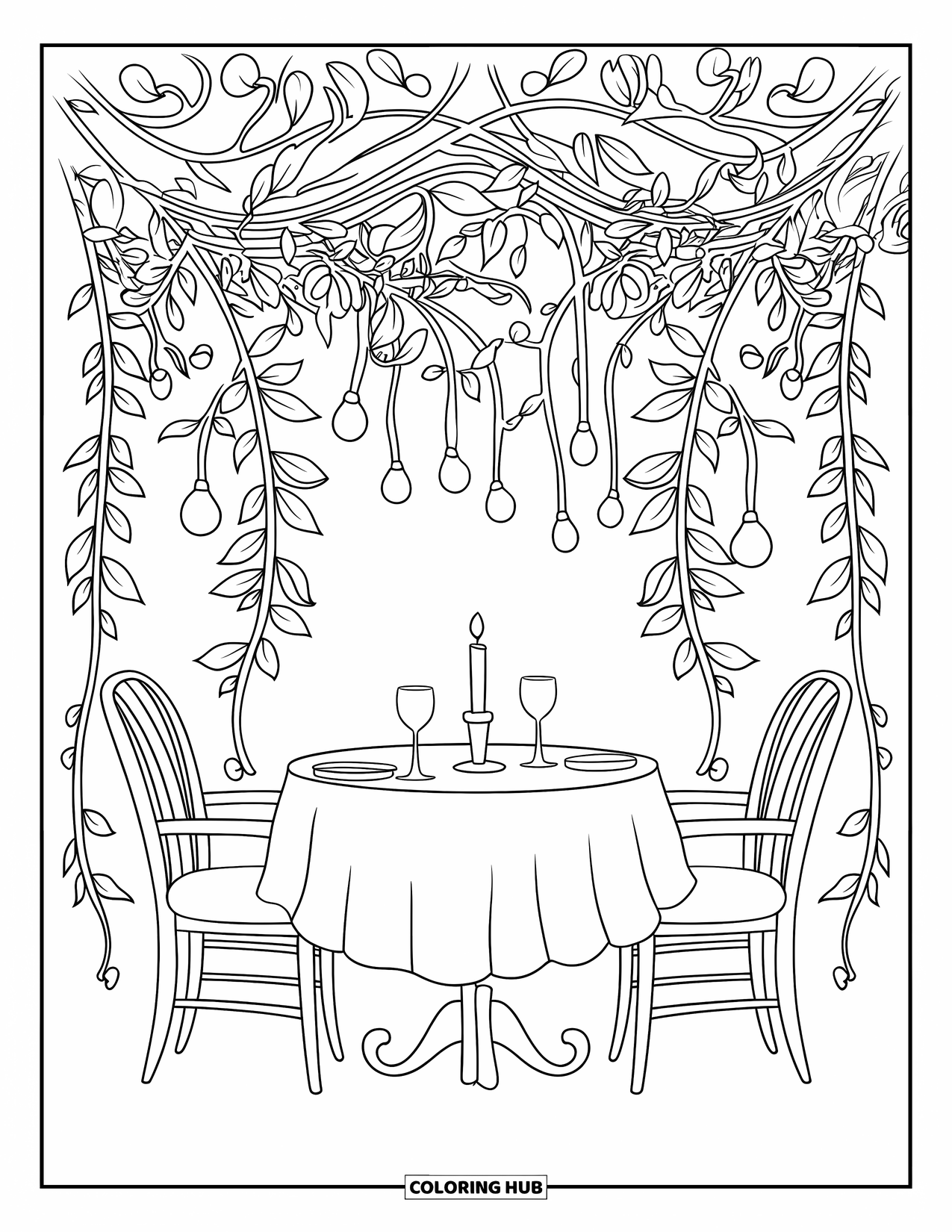 Restaurant Coloring Page for Adults: Two chairs and wine glasses sit beneath bulbs and vines in a quiet romantic setting