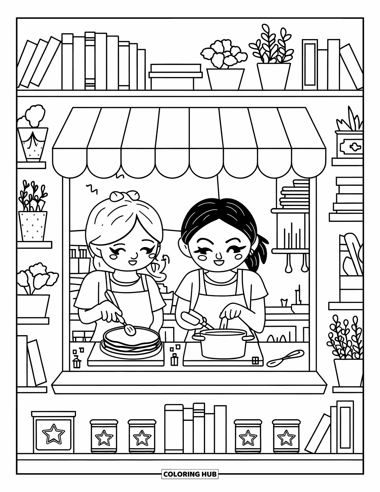 Restaurant Coloring Page for Adults: Two friends cook together in a tiny kitchen with herbs, cookbooks, and labeled spices