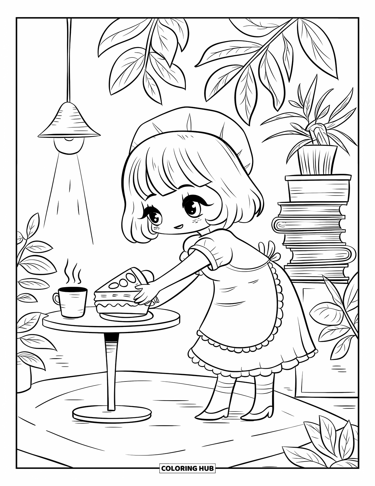 Restaurant Coloring Page for Adults: Waitress sets down pie near tea and books in a quiet, plant-filled tearoom