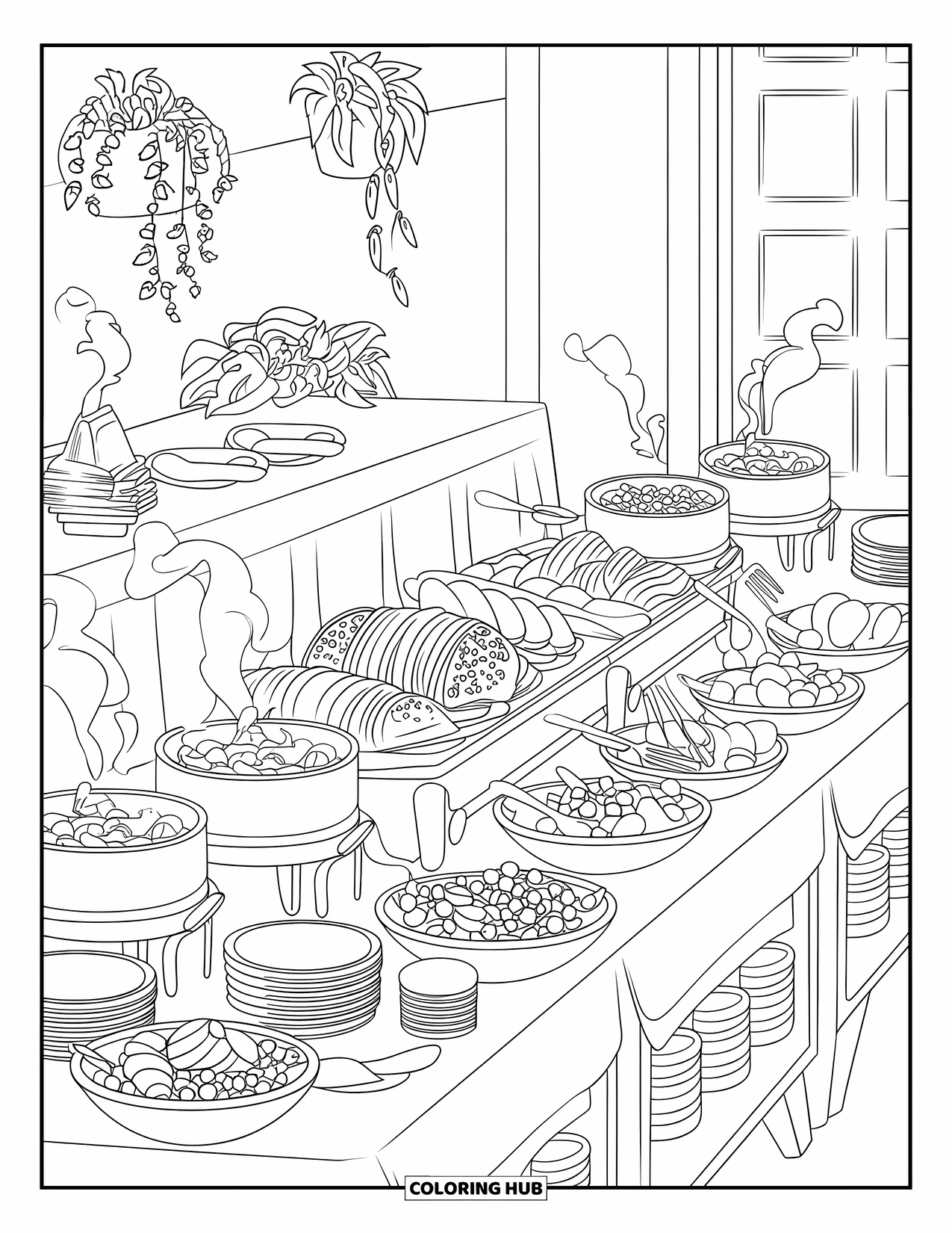 Restaurant Coloring Page for Kids: Buffet packed with food, salads, and steaming pots near potted plants